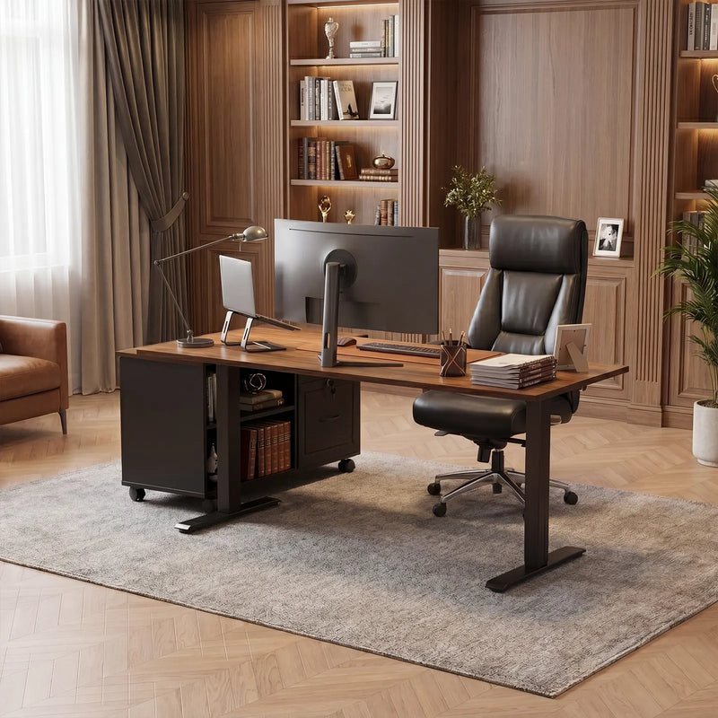 Large executive OffiGo standing desk with side storage cabinet, premium office chair, and luxury wood-paneled workspace.