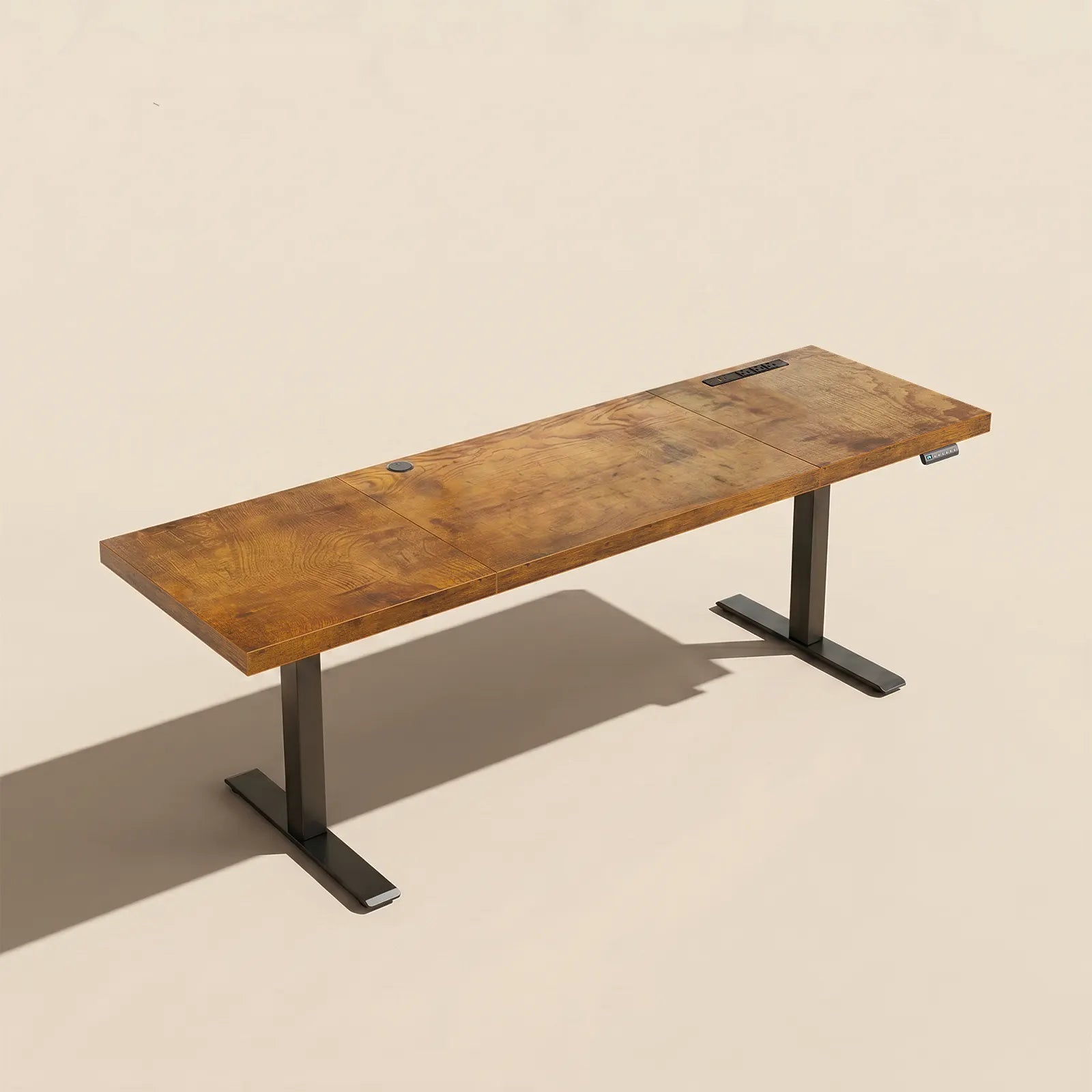 Minimalist OffiGo I-shaped electric standing desk with rustic wooden desktop and black adjustable frame for modern home offices.