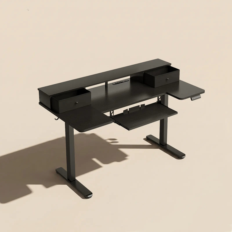  Black OffiGo U-shaped standing desk with monitor shelf, keyboard tray, ambient lighting, two fabric drawers, and ergonomic home office layout.