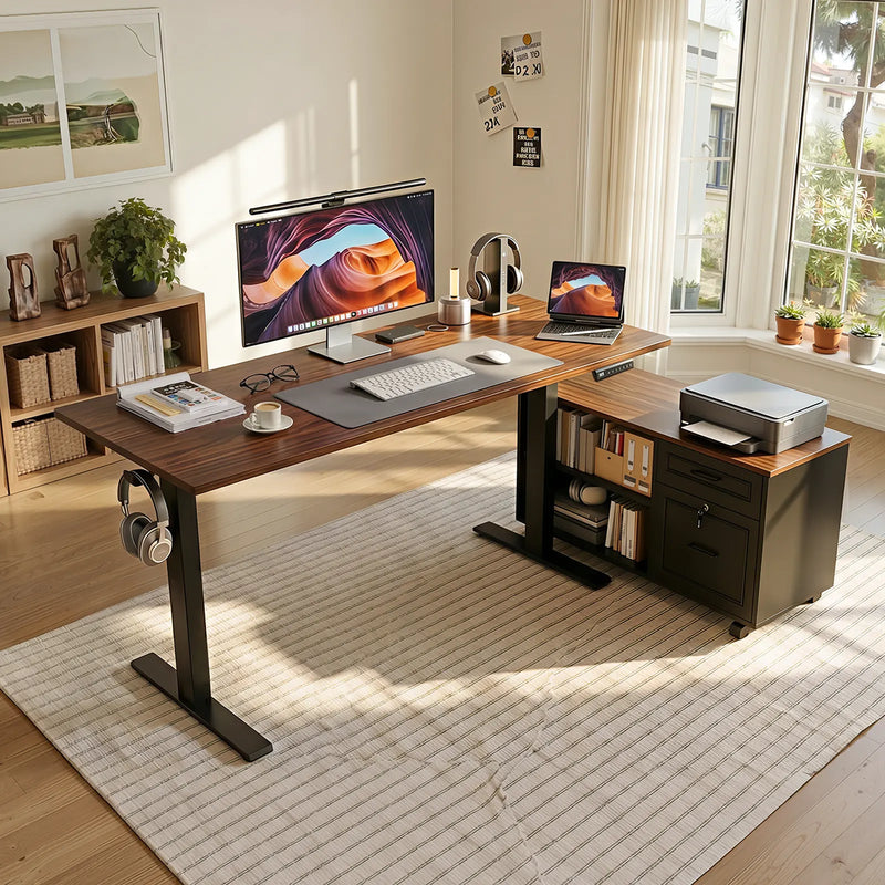 Spacious OffiGo standing desk with side cabinet, monitor setup, printer station, and open modular home office workspace.