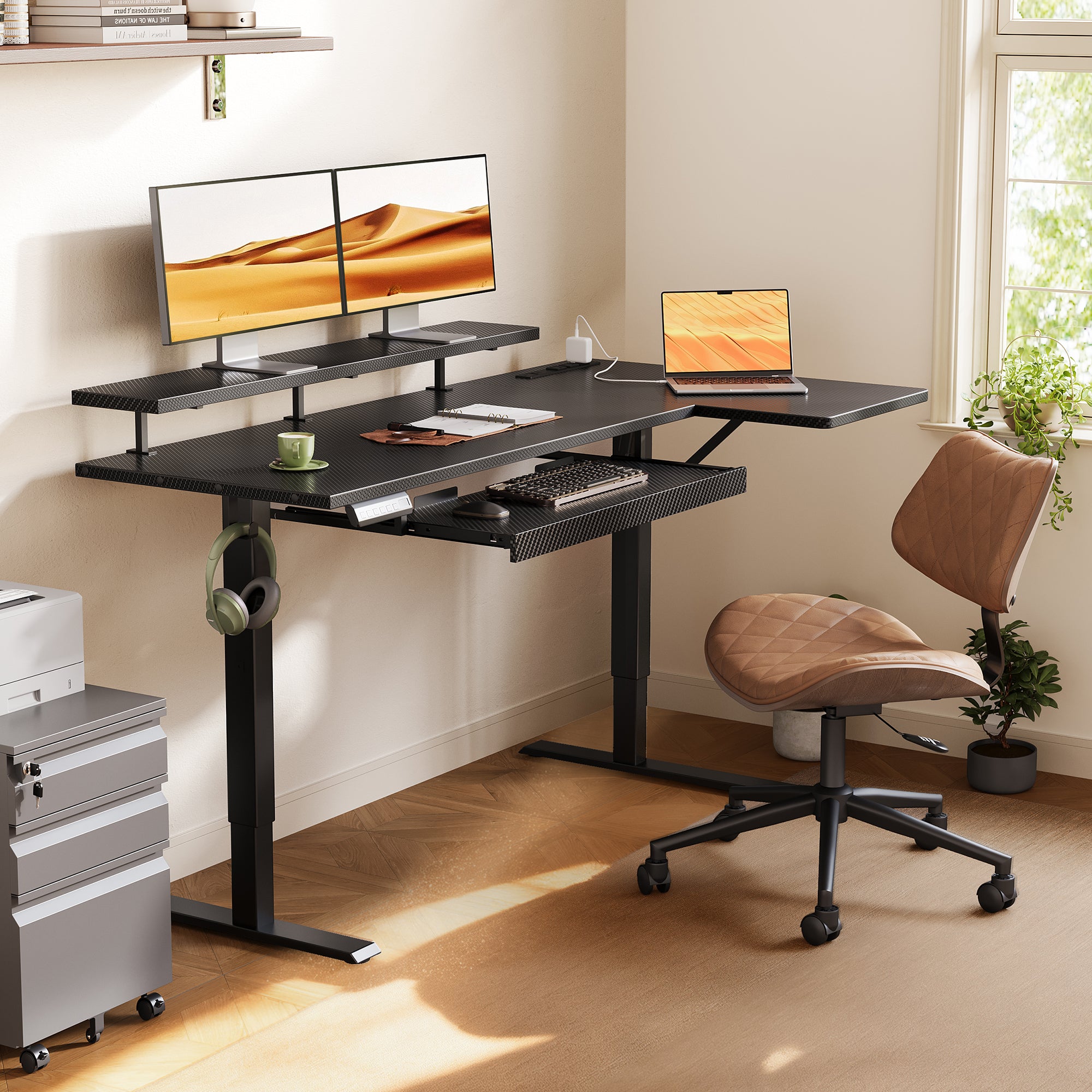 OffiGo 55" L-Shaped Electric Standing Desk with Keyboard Tray & Monitor Shelf
