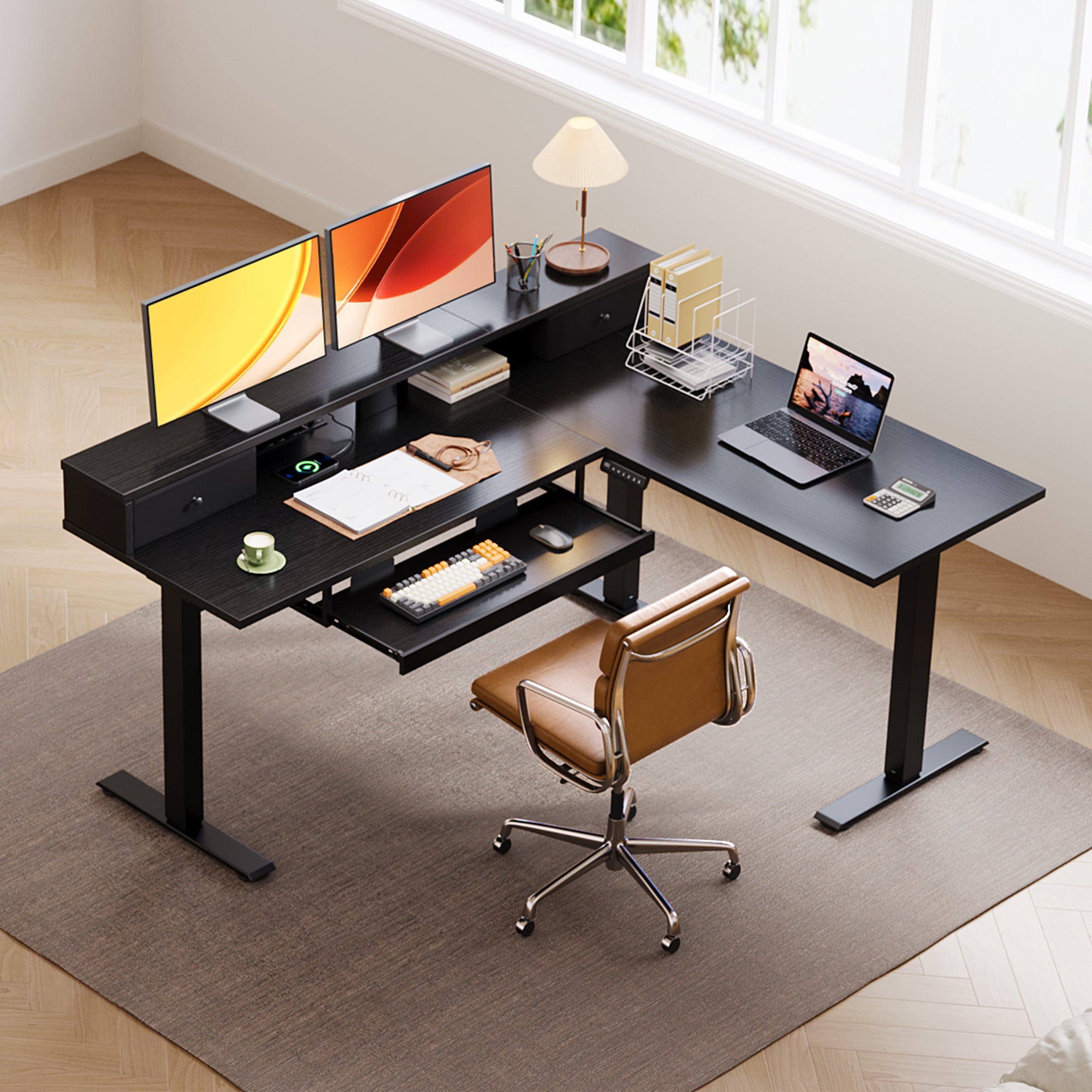 OffiGo 59" L-Shaped Electric Standing Desk with Drawers, Keyboard Tray & Monitor Stand