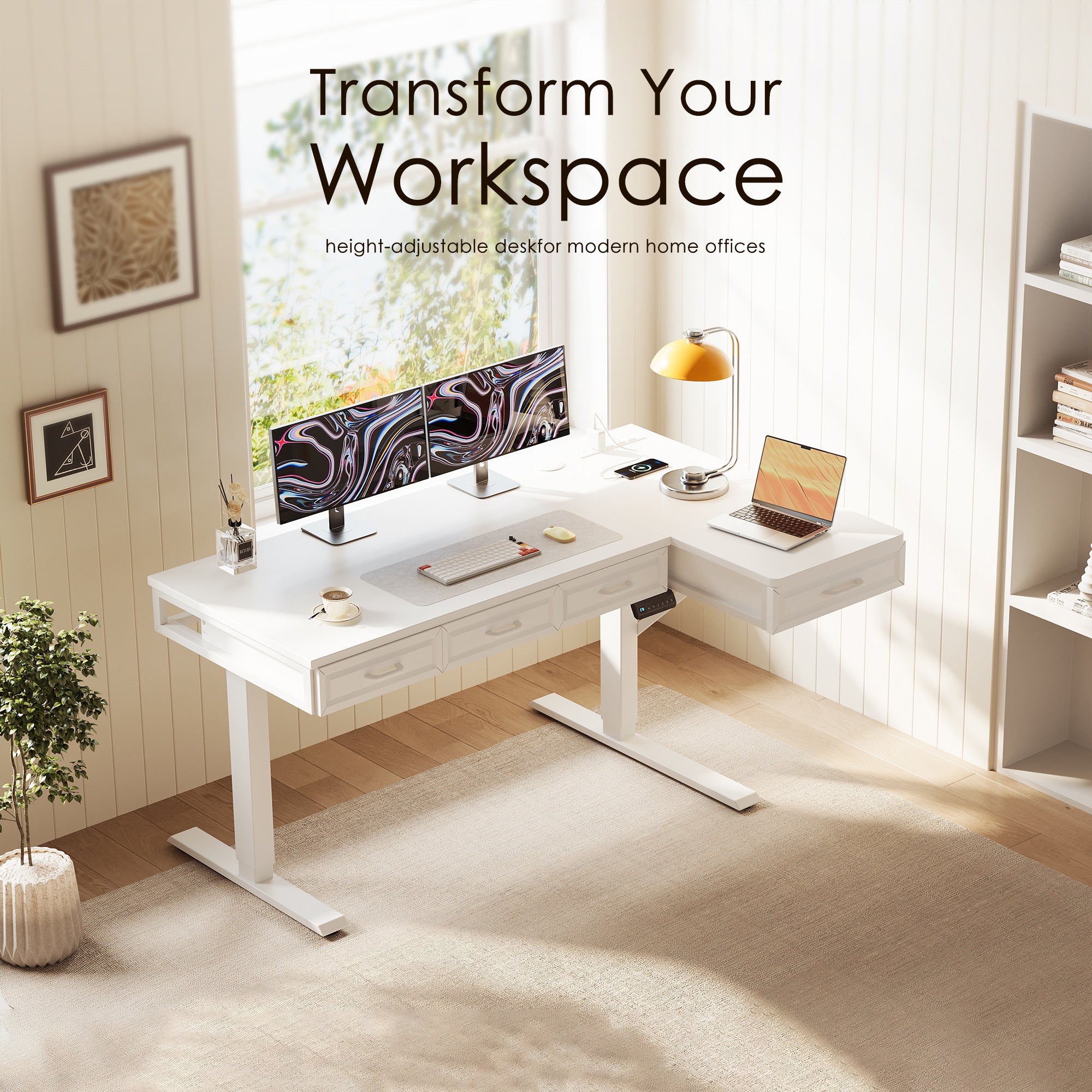 63" L-Shaped Electric Standing Desk with Drawers & Power Outlets