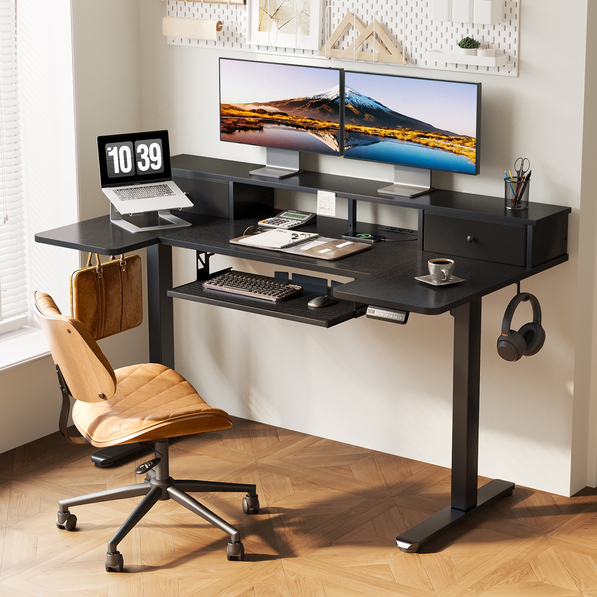 OffiGo 55“ U Shaped Electric Standing Desk with 2 Drawers & Keyboard Tray & Monitor Stand