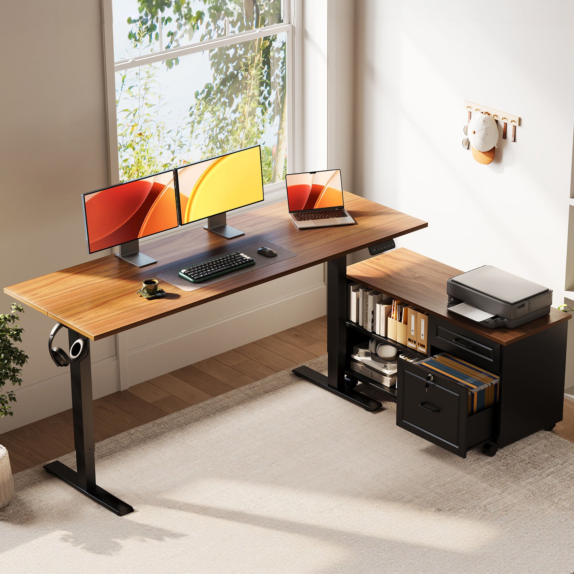 OffiGo 55" L-Shaped Electric Standing Desk with File Cabinet, Drawers & Adjustable Height