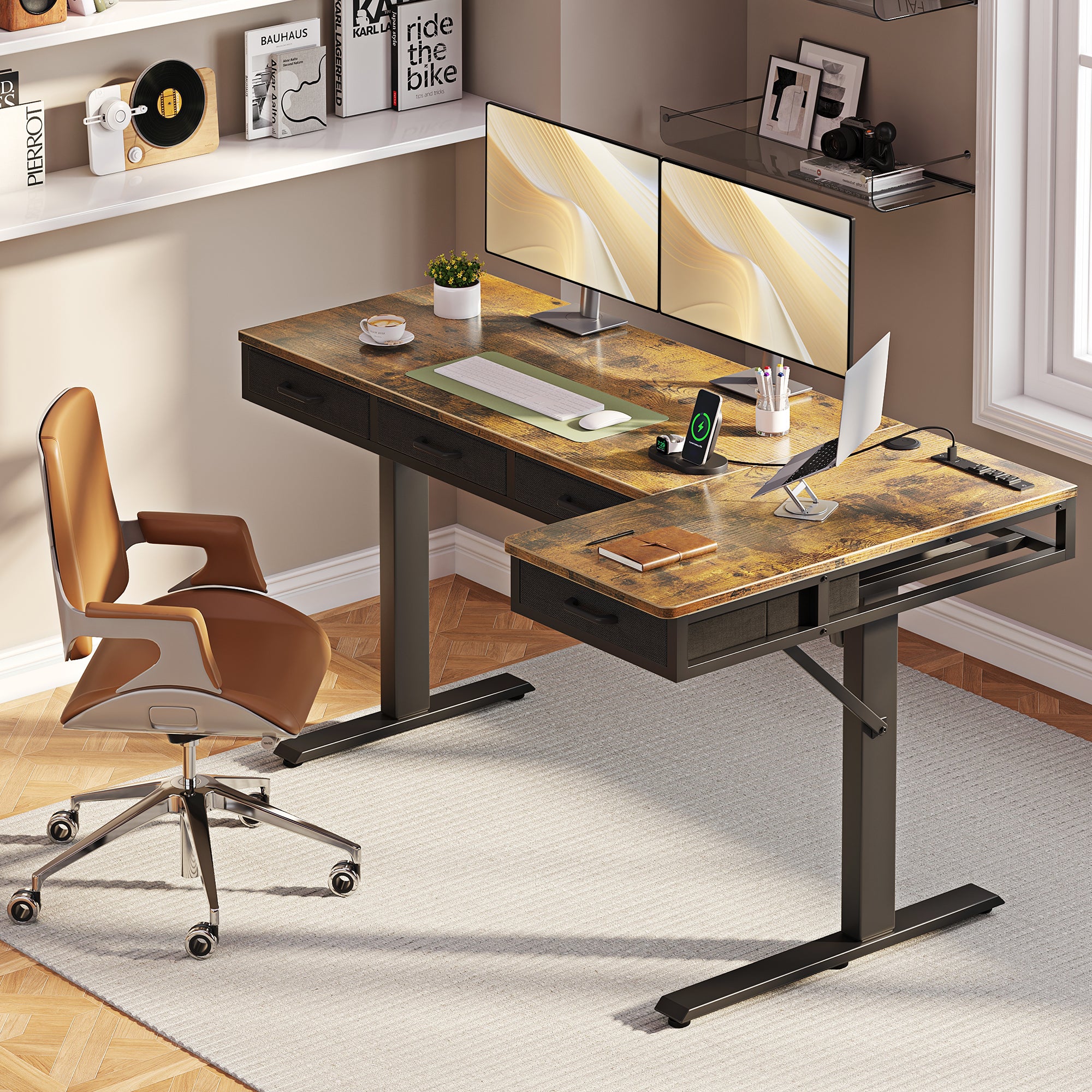 This OffiGo L-shaped standing desk features 4 drawers, providing ample storage space underneath the desk. Ideal for home or personal office use, it meets your storage and workspace needs