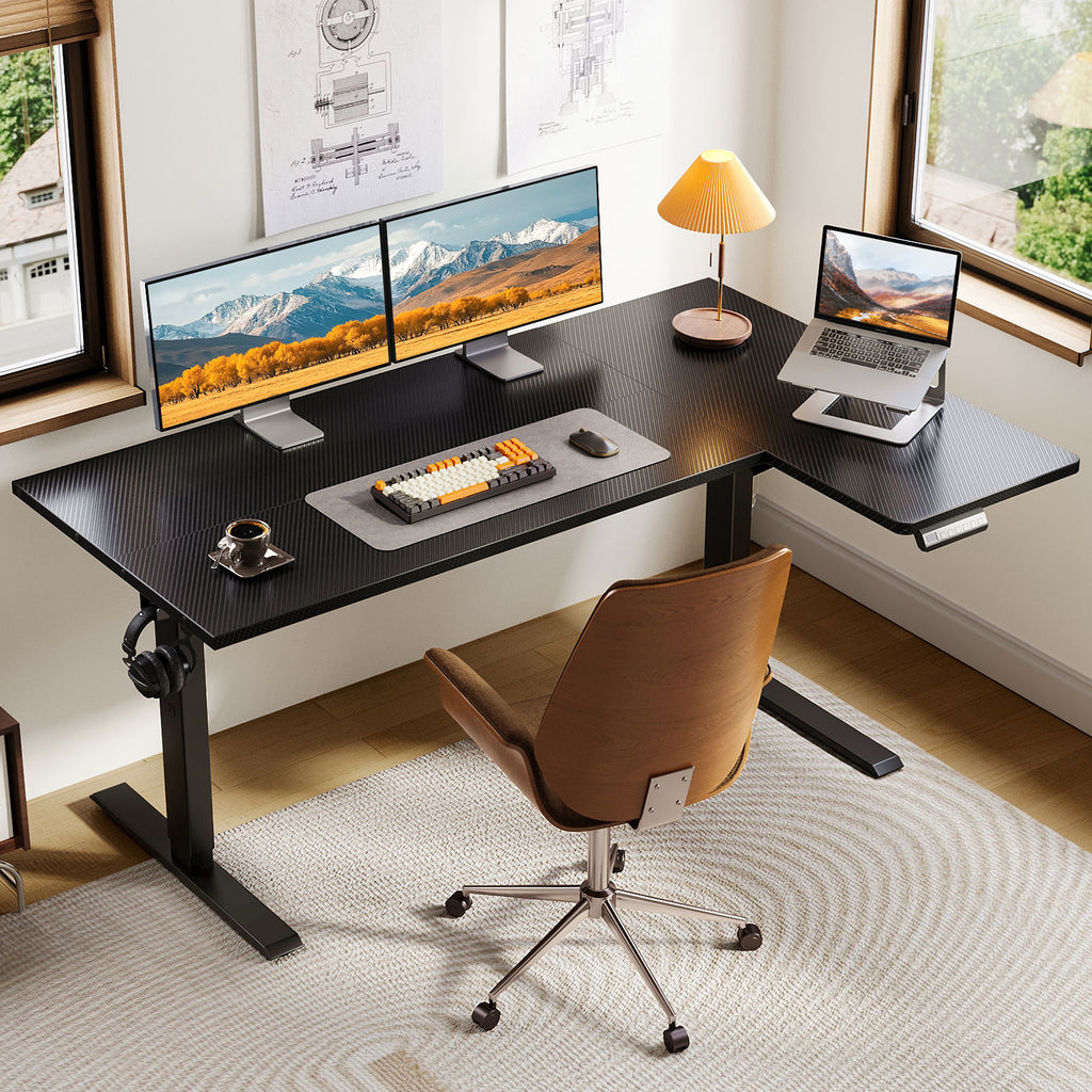 This OffiGo L-shaped electric standing desk is designed to maximize corner space, making it ideal for home offices, remote work, and everyday work-life balance. The spacious L shaped layout supports productivity, multitasking, and relaxed daily use.