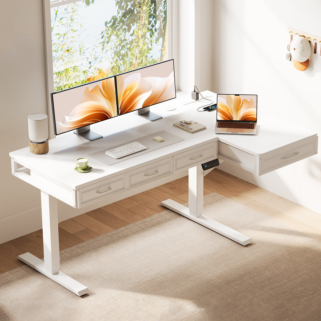 This OffiGo standing desk features an L-shaped design with four wooden drawers, offering ample storage space under the desk. It’s a perfect blend of style and functionality, designed to meet your storage needs while enhancing your workspace aesthetics.
