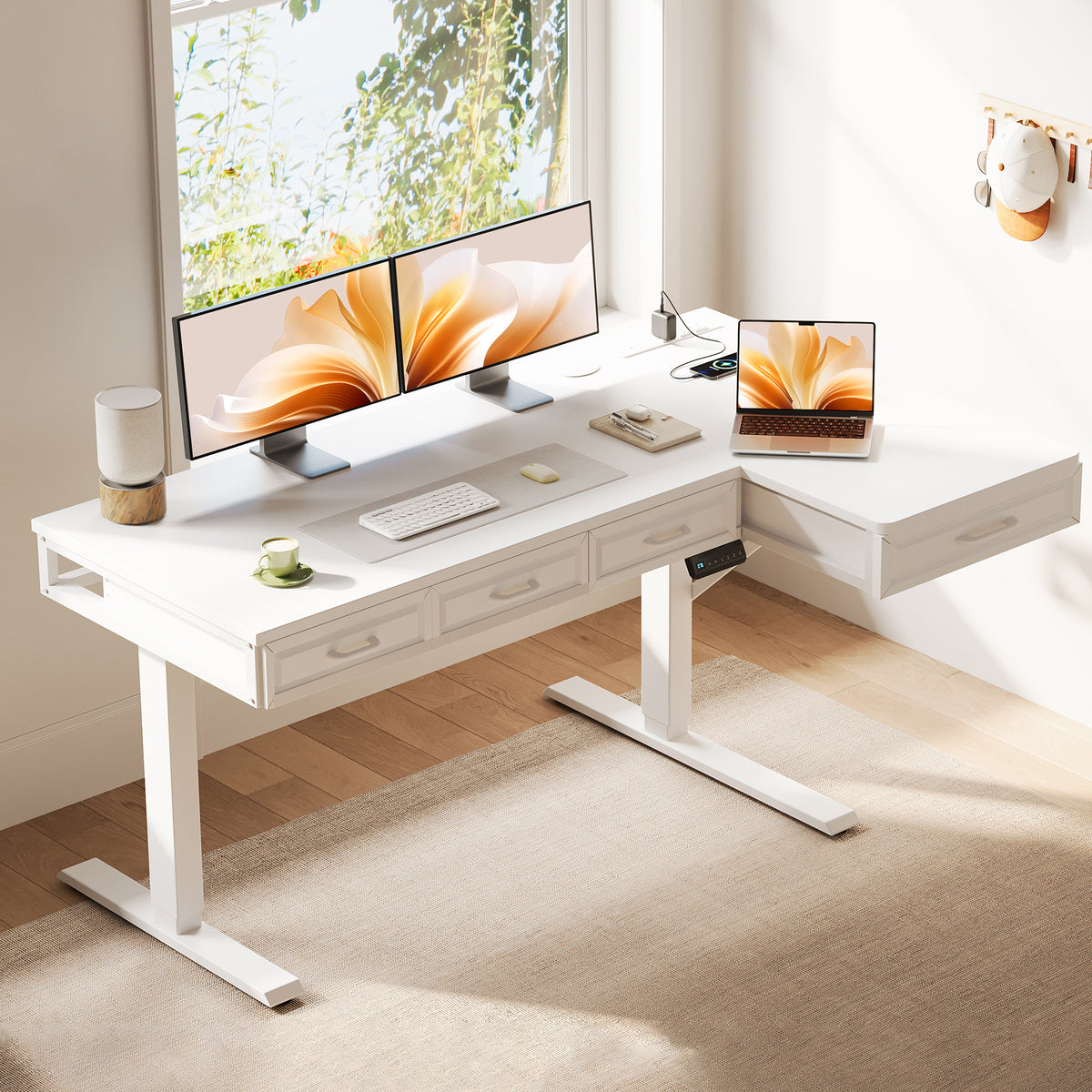 OffiGo 55" L-Shaped Electric Standing Desk with Wooden Drawers & Power Outlets