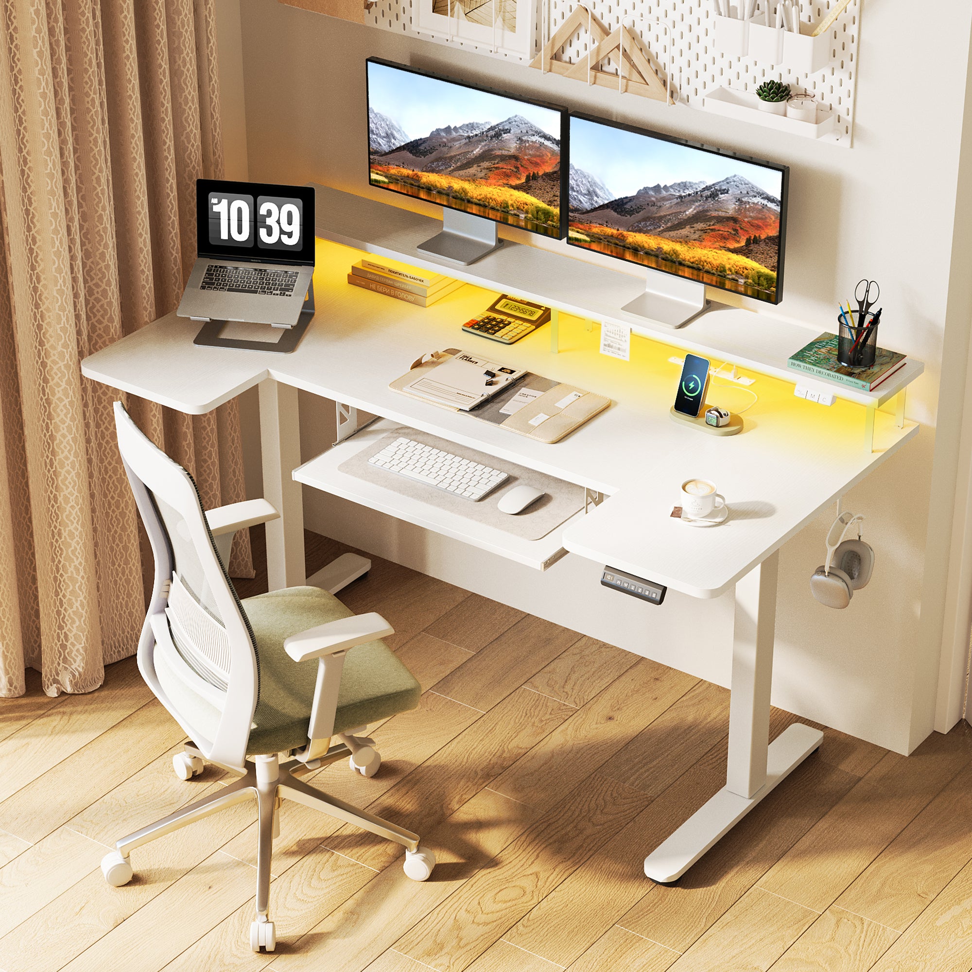 This OffiGo U-shaped standing desk with monitor stand, keyboard tray, and LED lighting is perfect for home offices in compact spaces. It optimizes limited room layouts while offering ergonomic features for long work hours.