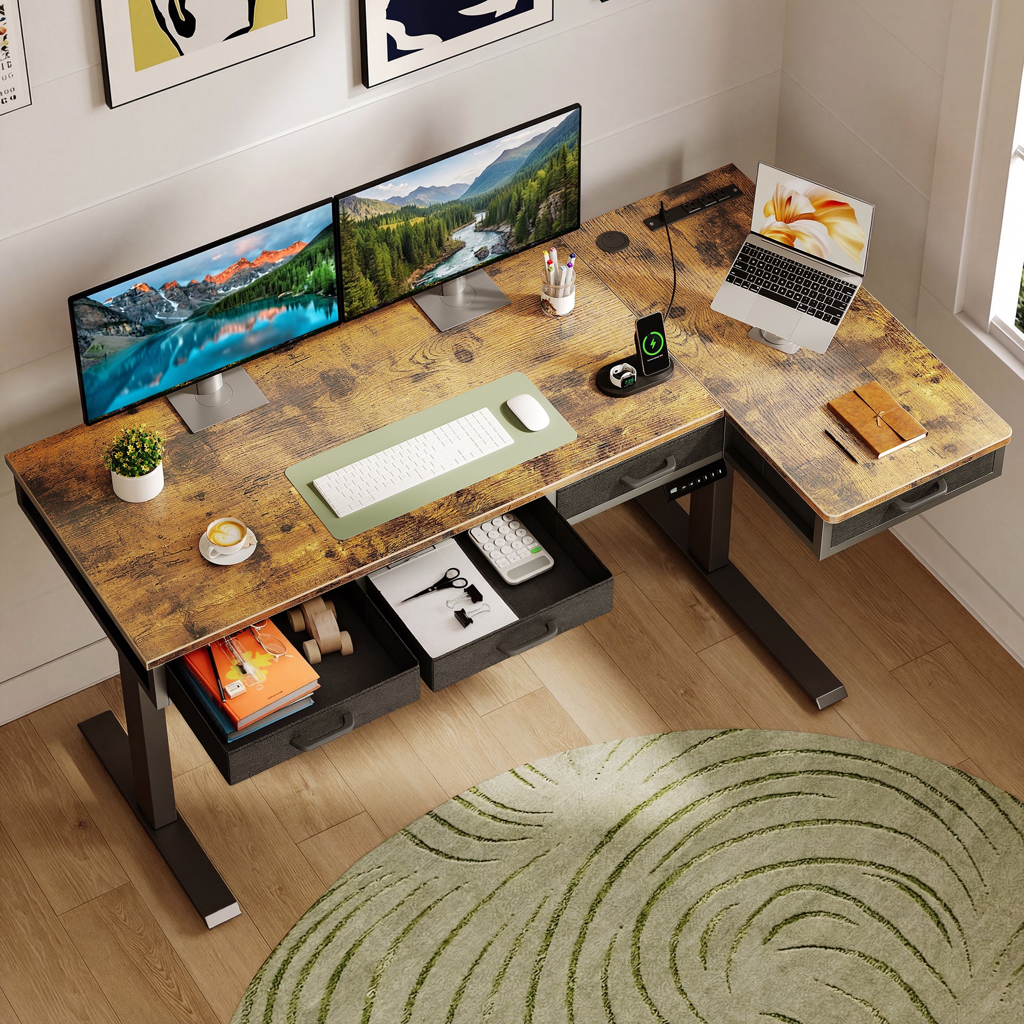 The L-shaped design offers a spacious work surface, perfect for coener or limited spaces. It provides a large desktop area while efficiently utilizing space, making it ideal for offices or home setups with space constraints.