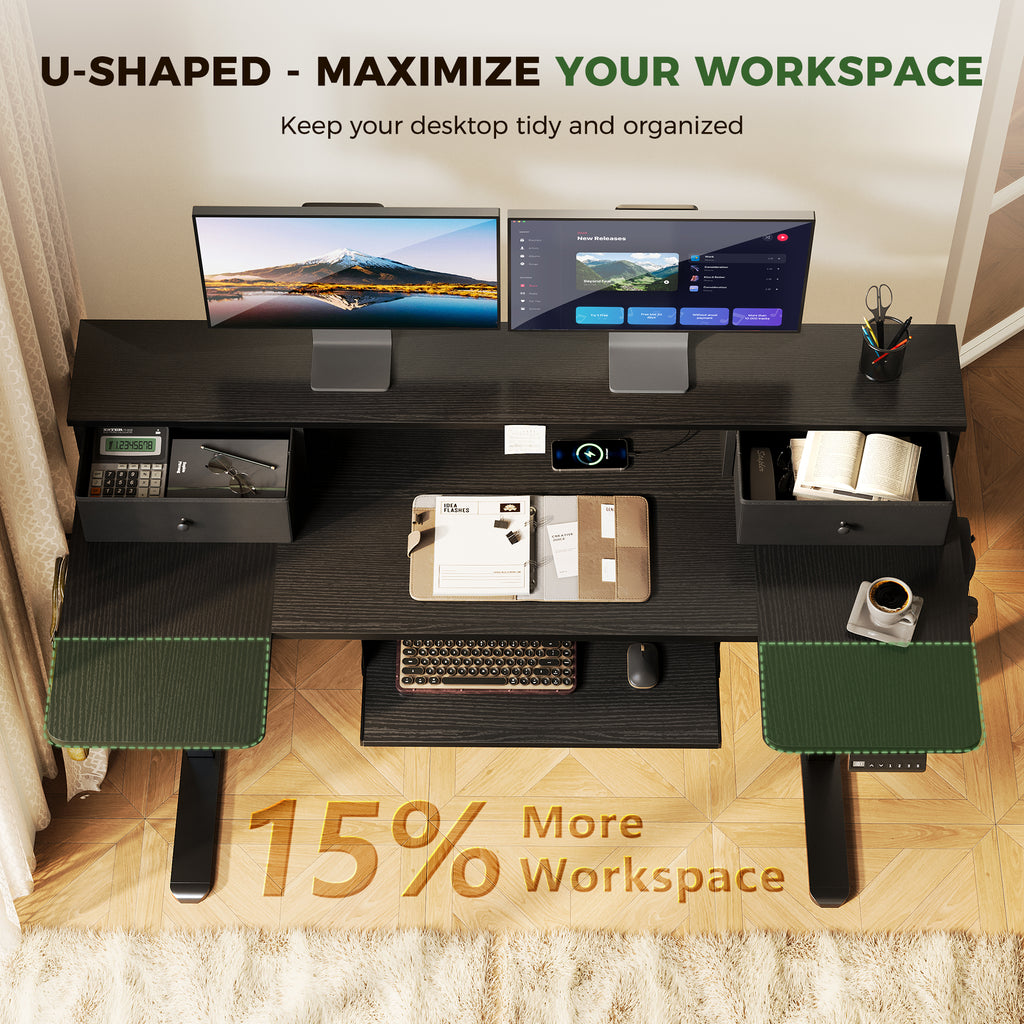 OffiGo 55“ U Shaped Electric Standing Desk with 2 Drawers & Keyboard Tray & Monitor Stand