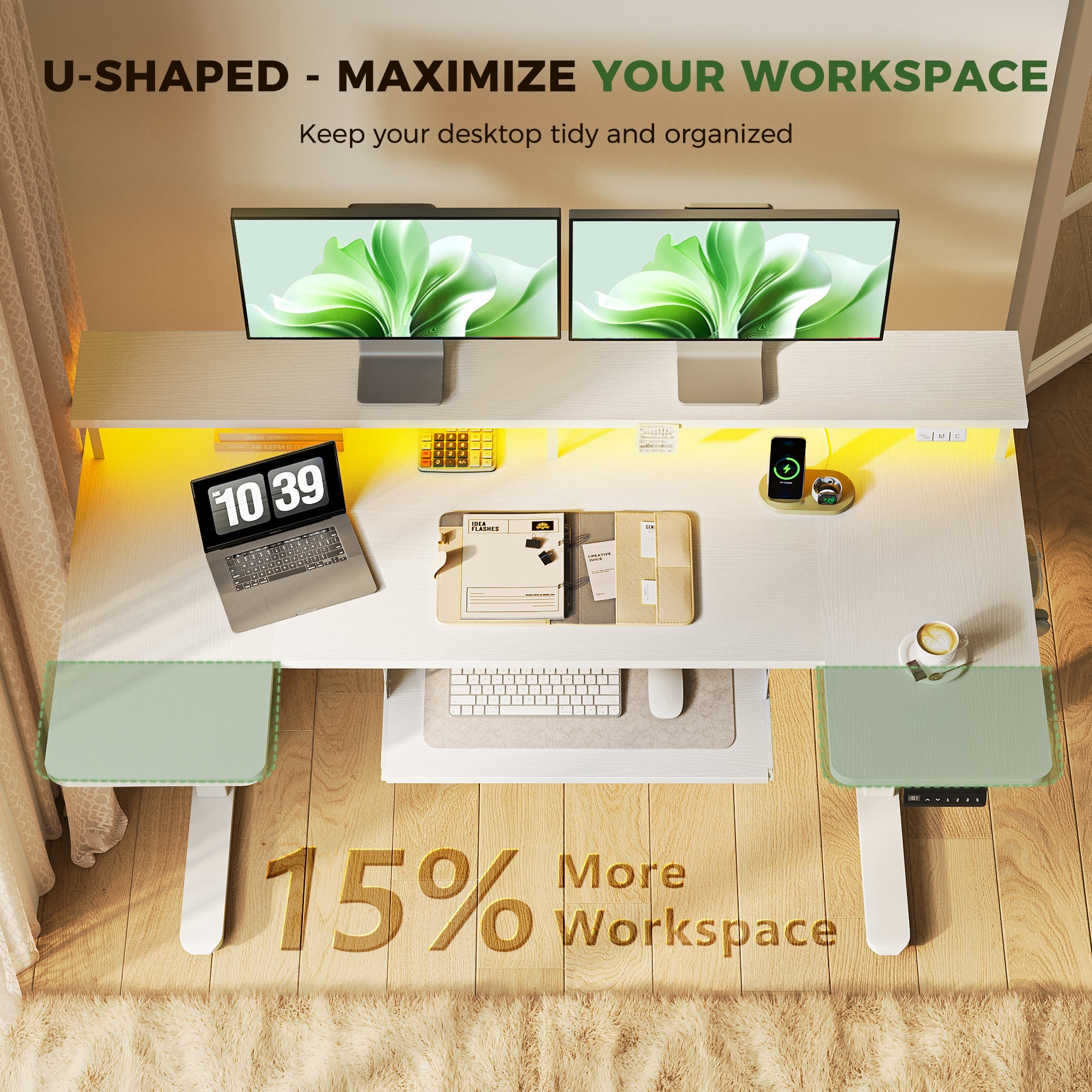 Overhead view of a U-shaped standing desk workspace with dual-monitor setup, laptop, and neatly arranged desk accessories, highlighting an expanded desktop design that offers 15% more usable workspace for multitasking and long work sessions.