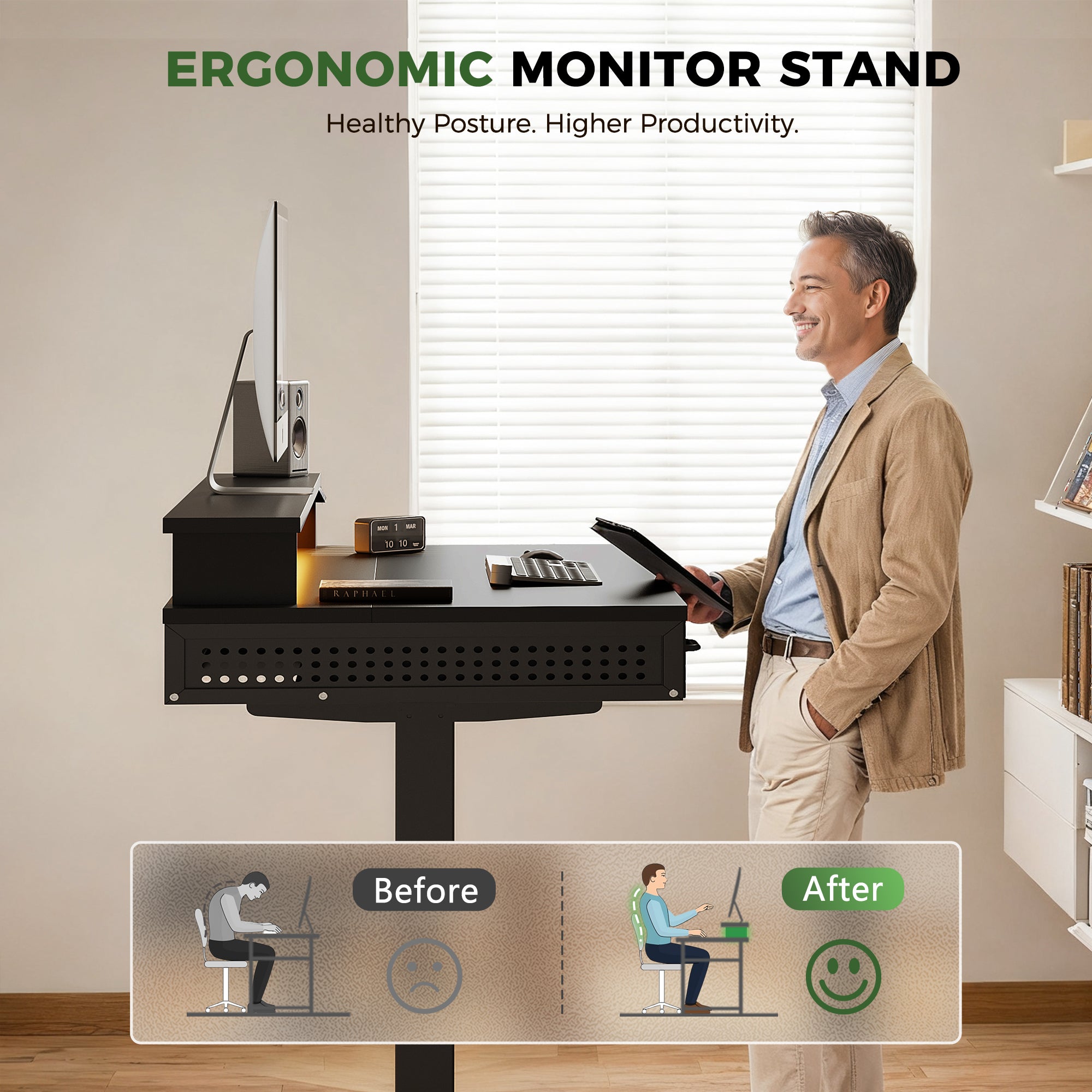 OffiGo 48" Electric Standing Desk with 3 Wooden Drawers, Monitor Shelf & USB Power Outlets