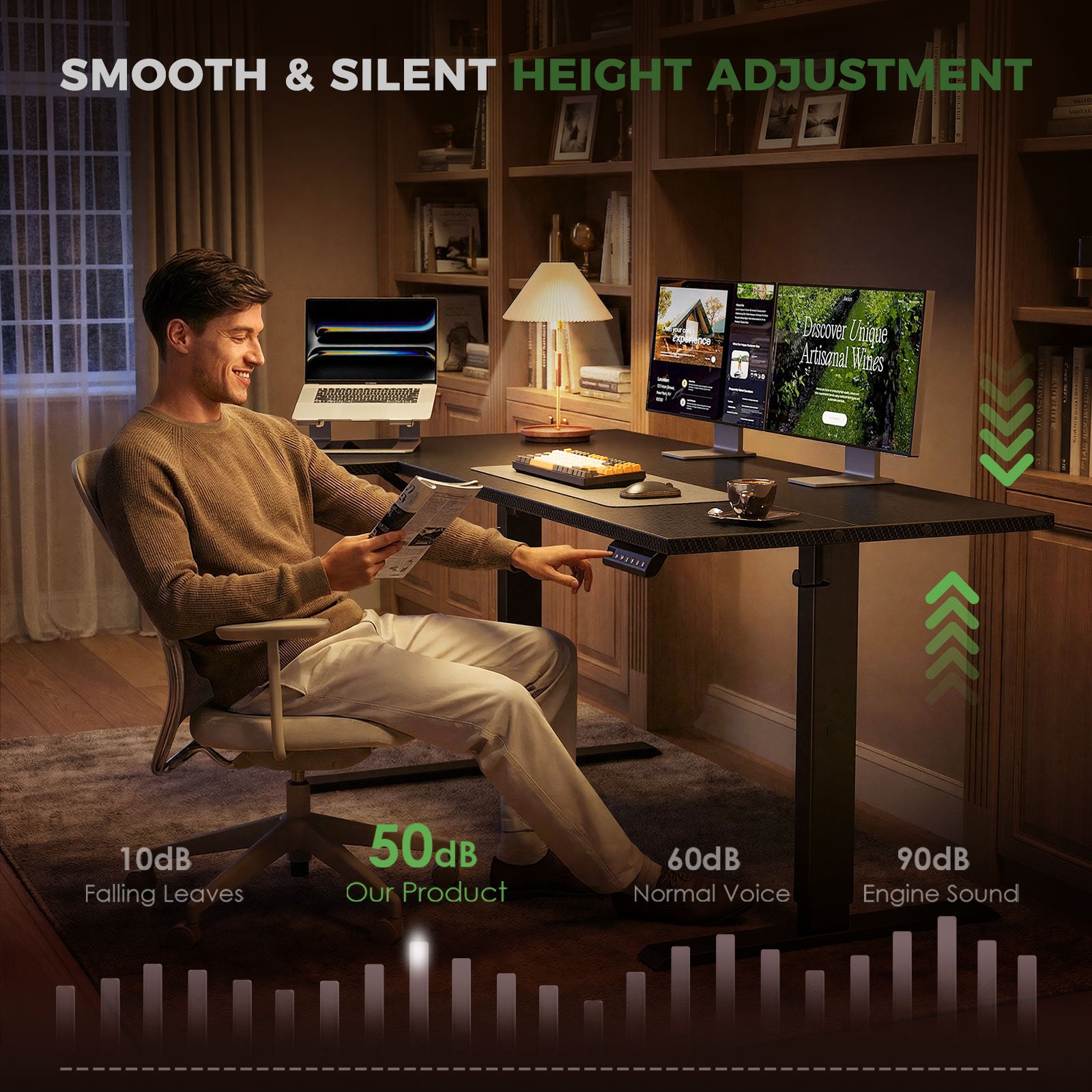 Powered by a reliable electric motor, the standing desk adjusts smoothly and quietly. The low-decibel operation ensures seamless height transitions without disturbing your work focus, or rest time. Electric vs Fixed Standing Desks for Movement Frequency - Illustrate the section with a relevant product or system image.