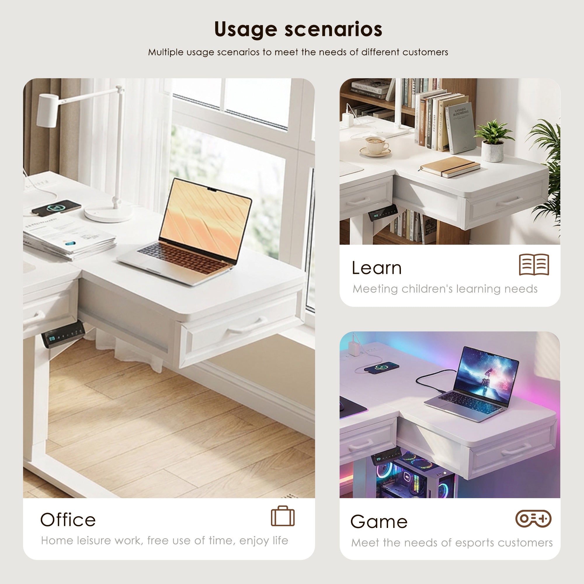 63" L-Shaped Electric Standing Desk with Drawers & Power Outlets