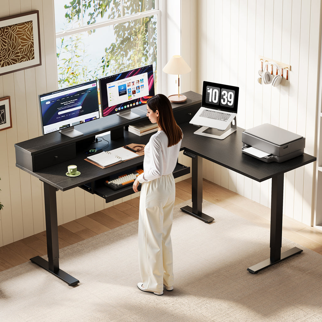 OffiGo 59" L-Shaped Electric Standing Desk with Drawers, Keyboard Tray & Monitor Stand