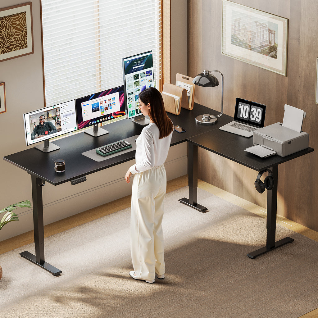 OffiGo 63" L-Shaped Electric Standing Desk with Adjustable Height & Integrated Power