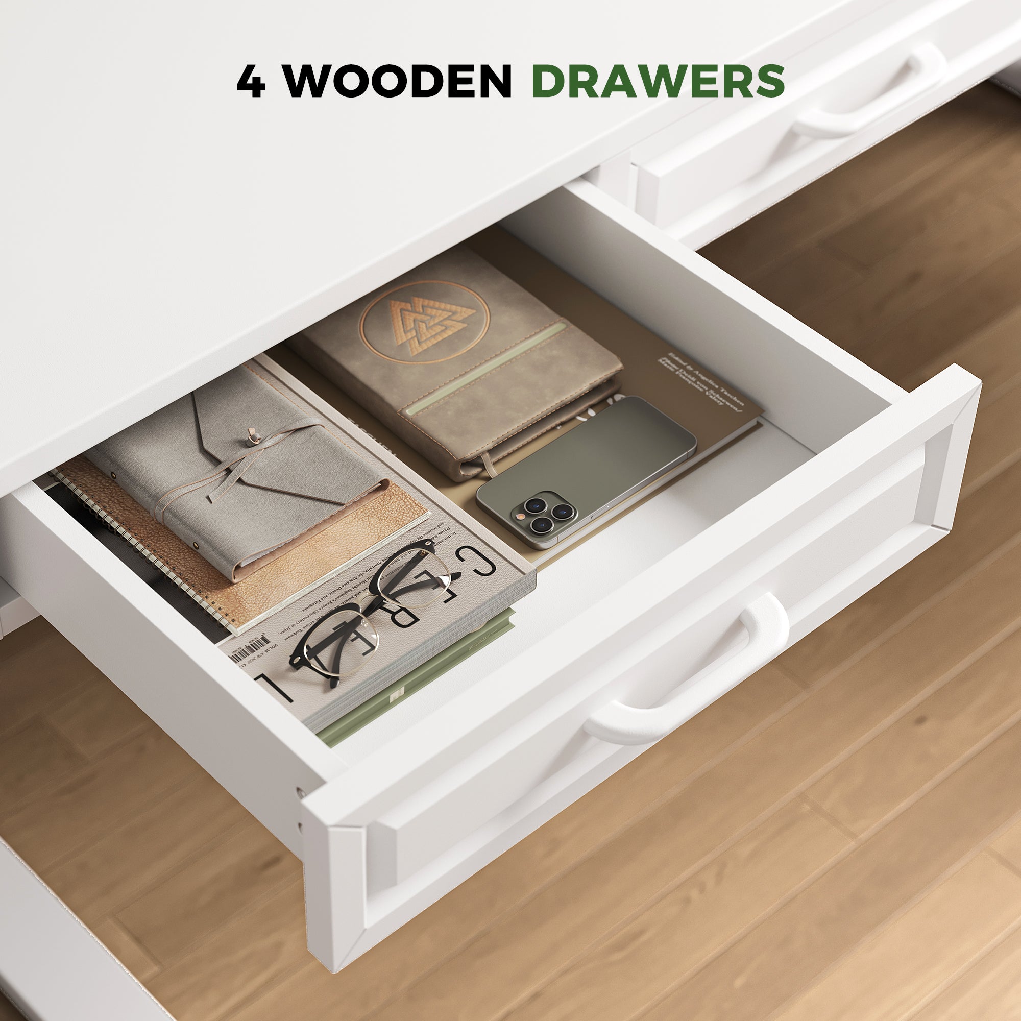 Equipped with four wooden drawers, this desk not only adds a touch of elegance but also provides durable and practical storage. Keep your desktop clean and organized, maximizing your workspace efficiency.