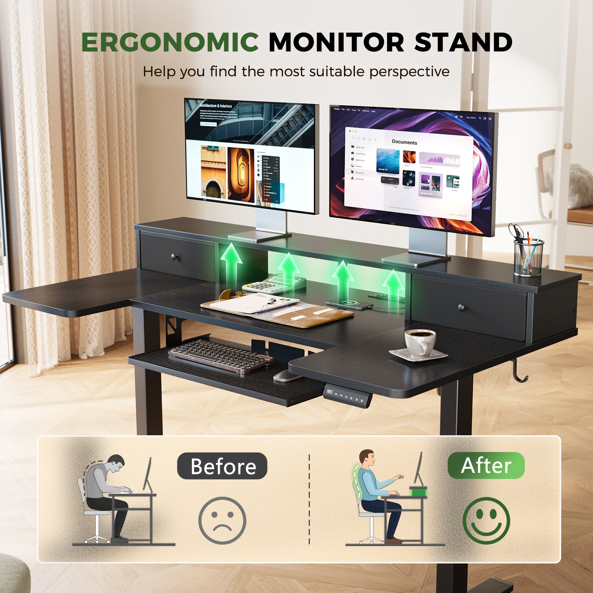 OffiGo 55“ U Shaped Electric Standing Desk with 2 Drawers & Keyboard Tray & Monitor Stand