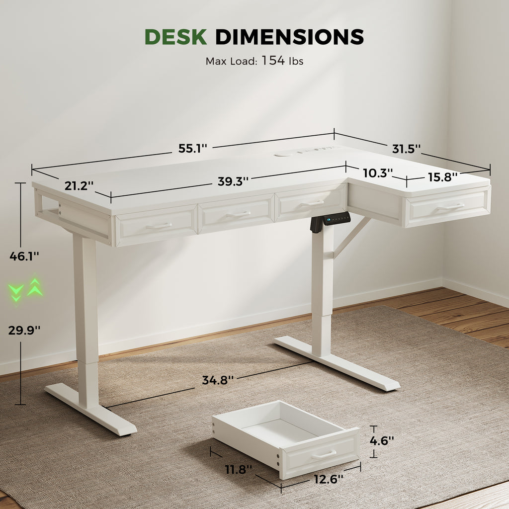 The desktop measures 55.1" in length and 31.5" in width, providing a spacious work area. The leg clearance spans 34.8", while the drawers are 12.6" long, 11.8" wide, and 4.6" high—ideal for storing office essentials.