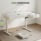 The desktop measures 55.1" in length and 31.5" in width, providing a spacious work area. The leg clearance spans 34.8", while the drawers are 12.6" long, 11.8" wide, and 4.6" high—ideal for storing office essentials.