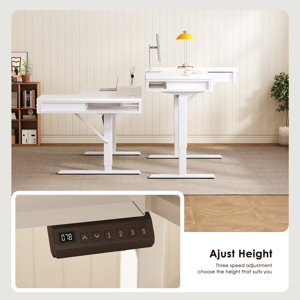 63" L-Shaped Electric Standing Desk with Drawers & Power Outlets