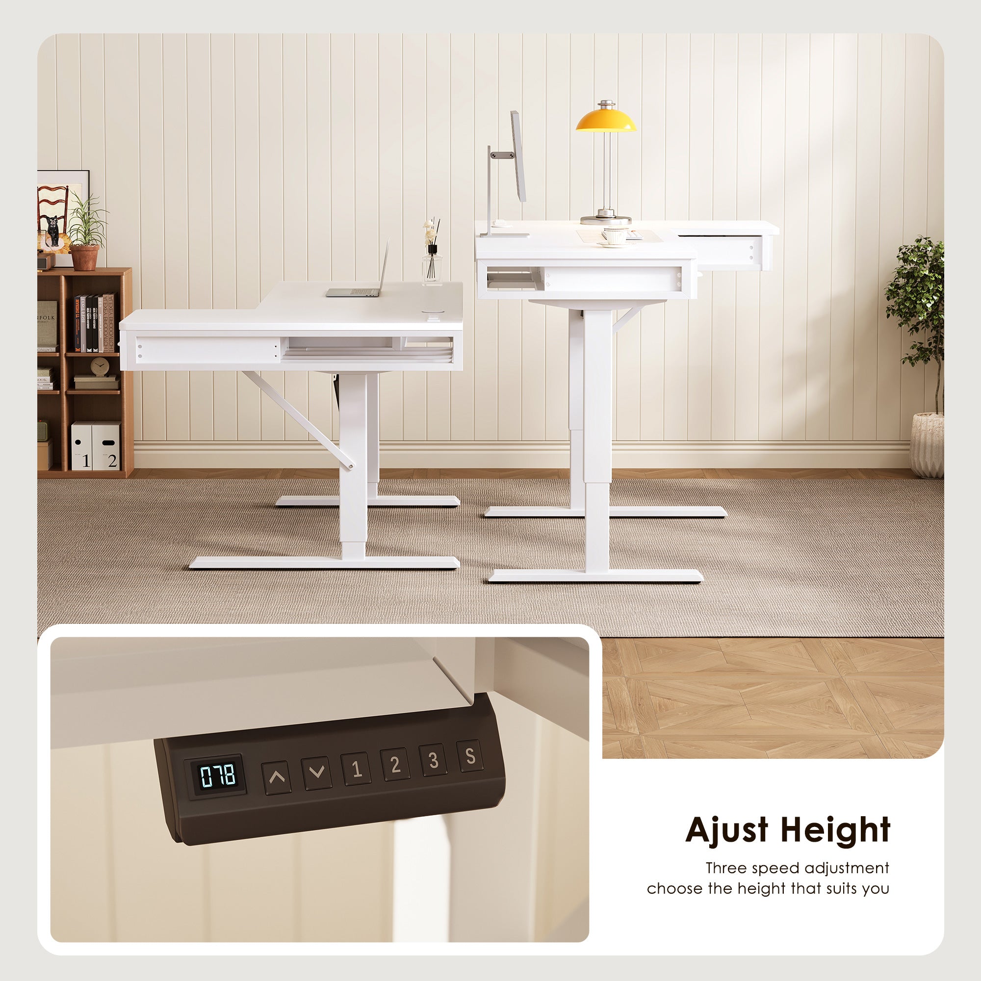 63" L-Shaped Electric Standing Desk with Drawers & Power Outlets