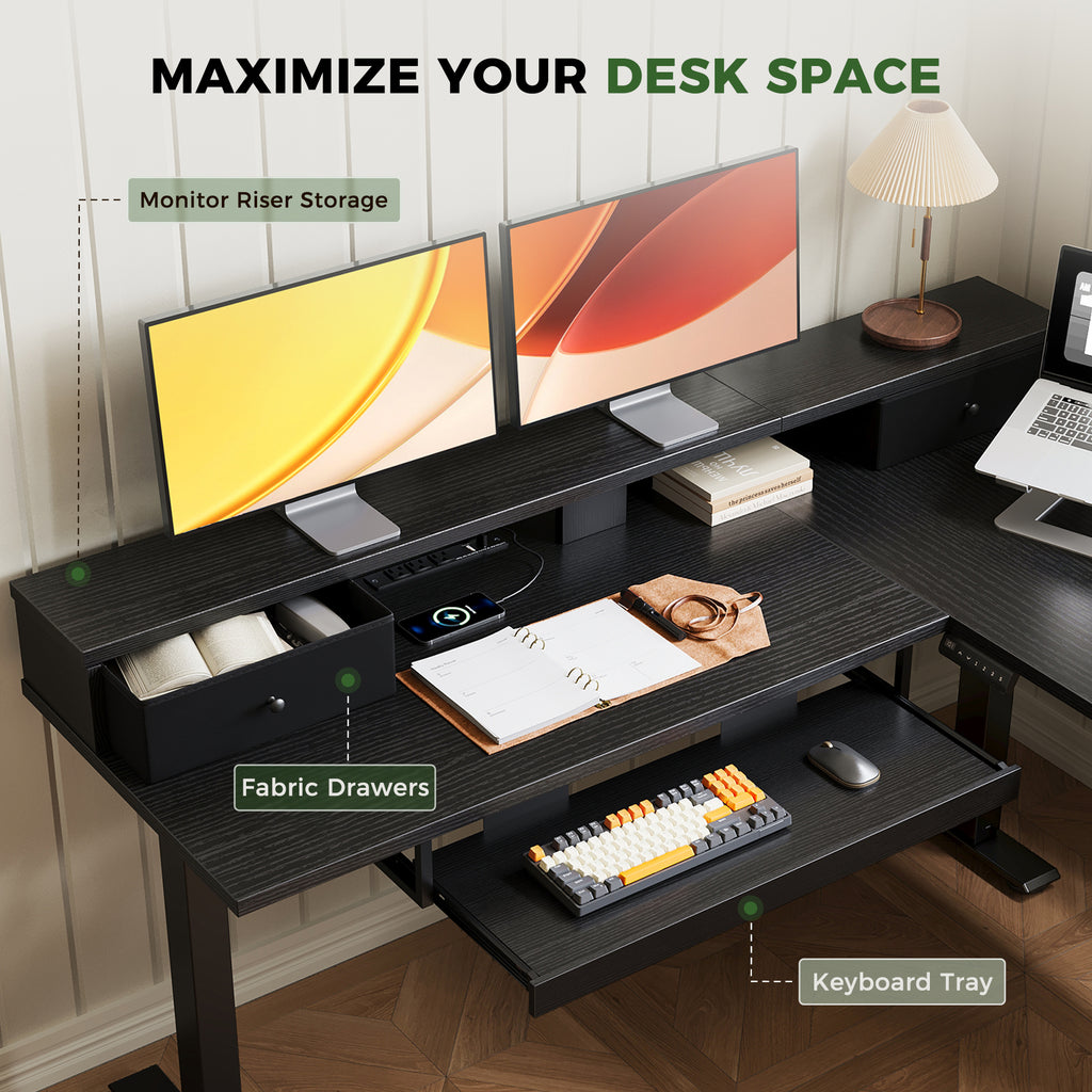 OffiGo 59" L-Shaped Electric Standing Desk with Drawers, Keyboard Tray & Monitor Stand