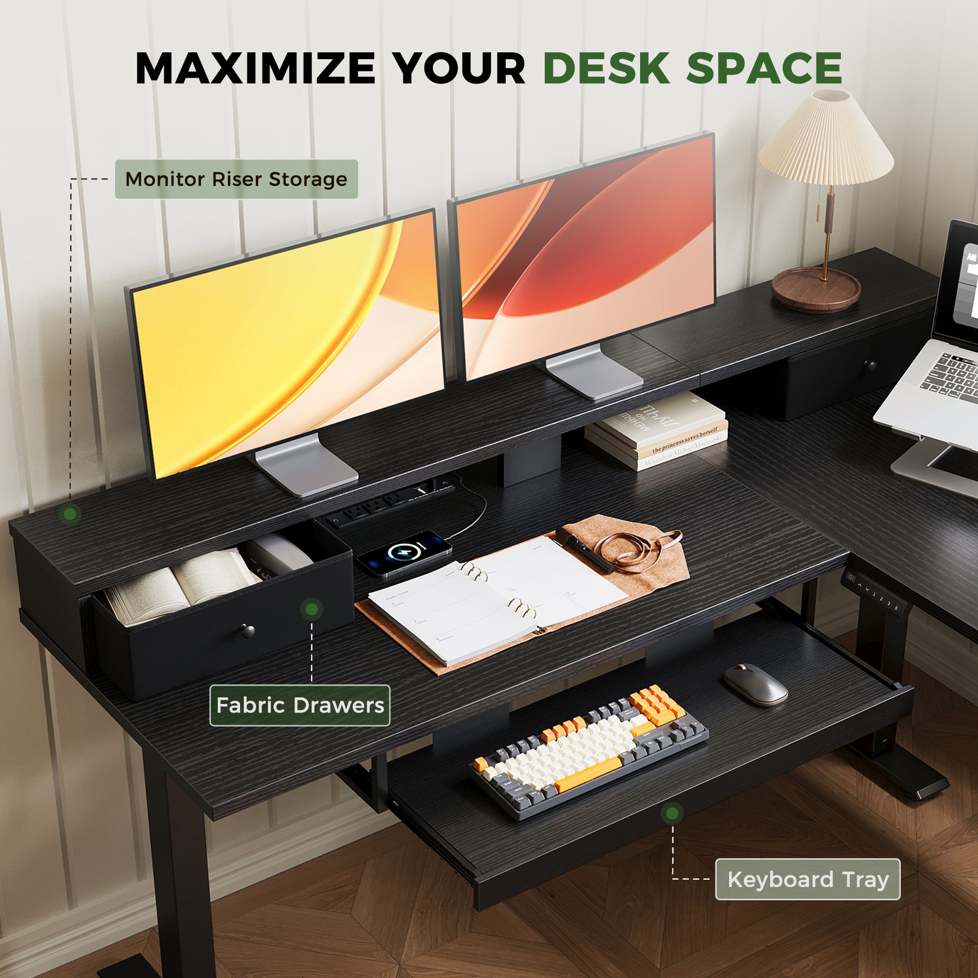 OffiGo 59" L-Shaped Electric Standing Desk with Drawers, Keyboard Tray & Monitor Stand