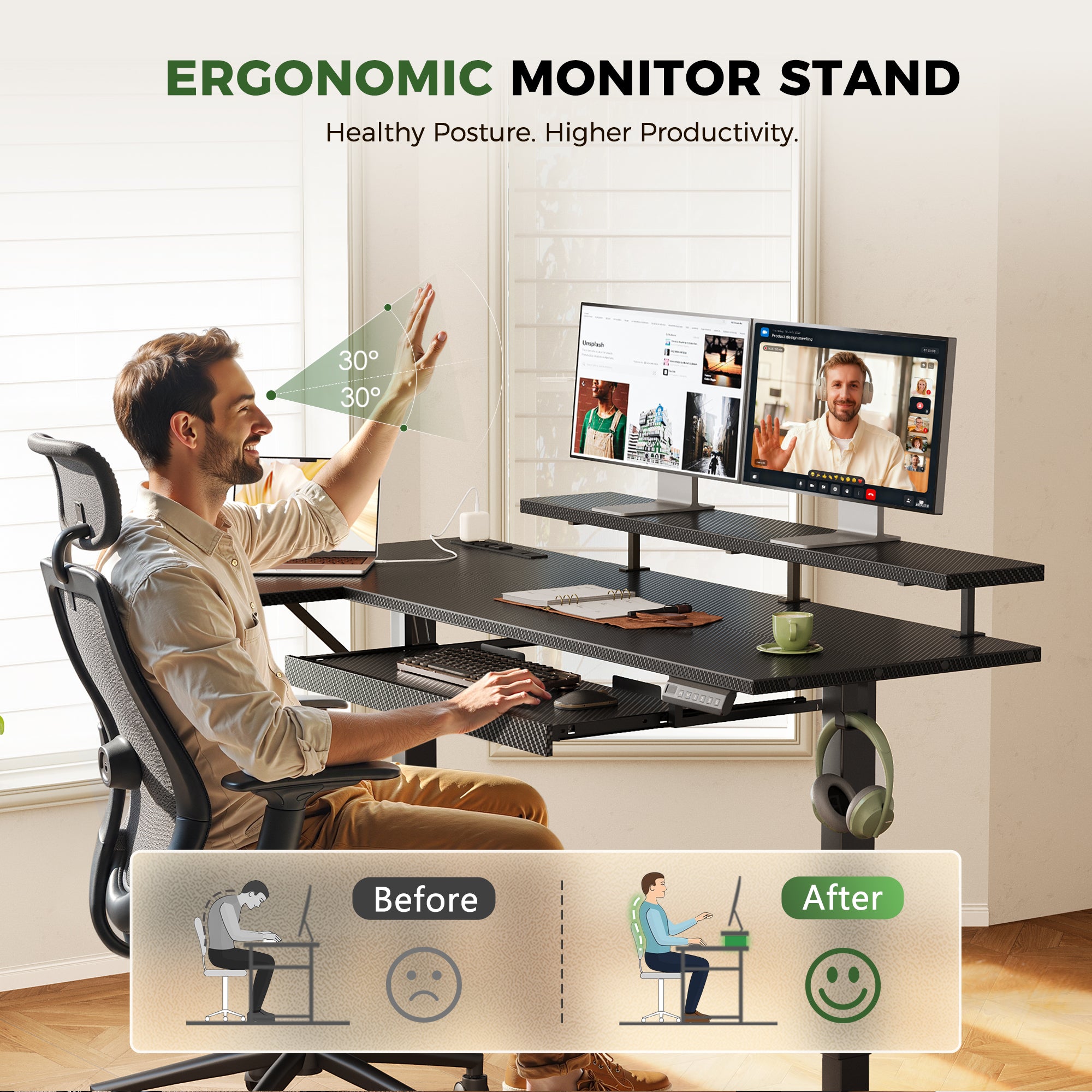 OffiGo 55" L-Shaped Electric Standing Desk with Keyboard Tray & Monitor Shelf