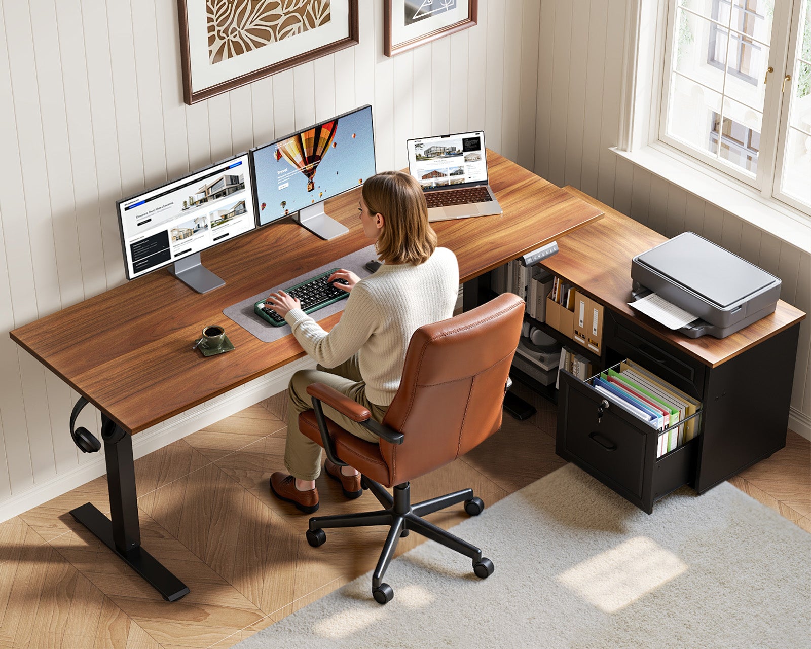 The combination of a 55-inch desktop and a 40-inch filing cabinet creates an extended workstation with more usable surface area and enhanced storage capacity. This layout allows you to keep work essentials within reach while enjoying a larger, more comfortable workspace. What storage problem are you actually trying to solve? - Illustrate the section with a relevant product or system image.