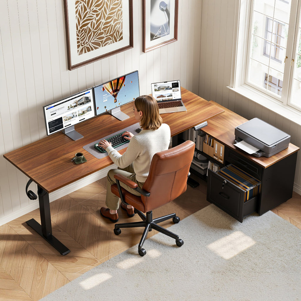 OffiGo 55" L-Shaped Electric Standing Desk with File Cabinet, Drawers & Adjustable Height