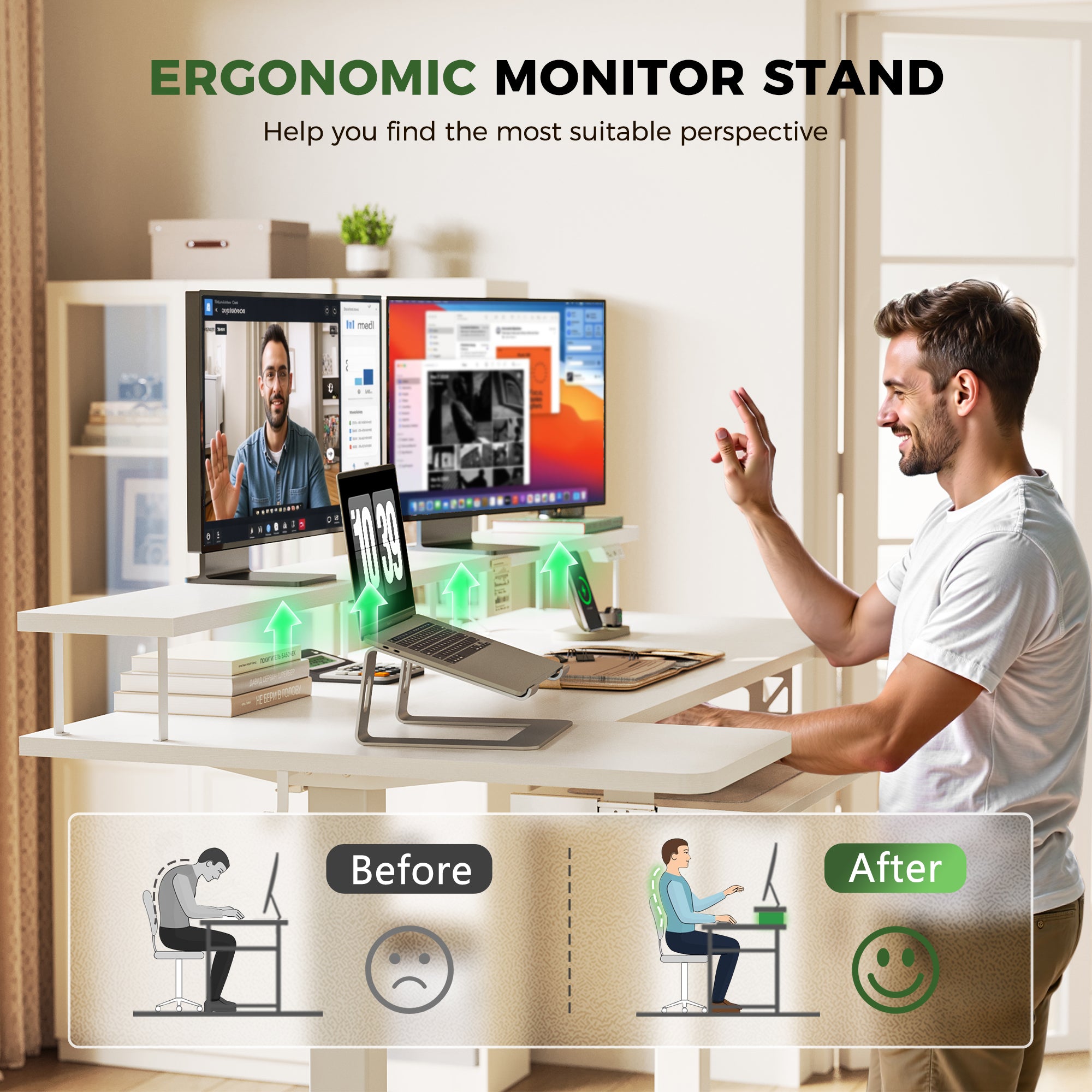 The ergonomic monitor stand enhances your viewing angle, reducing neck strain and improving comfort. It supports better posture, boosting productivity and comfort during long working hours