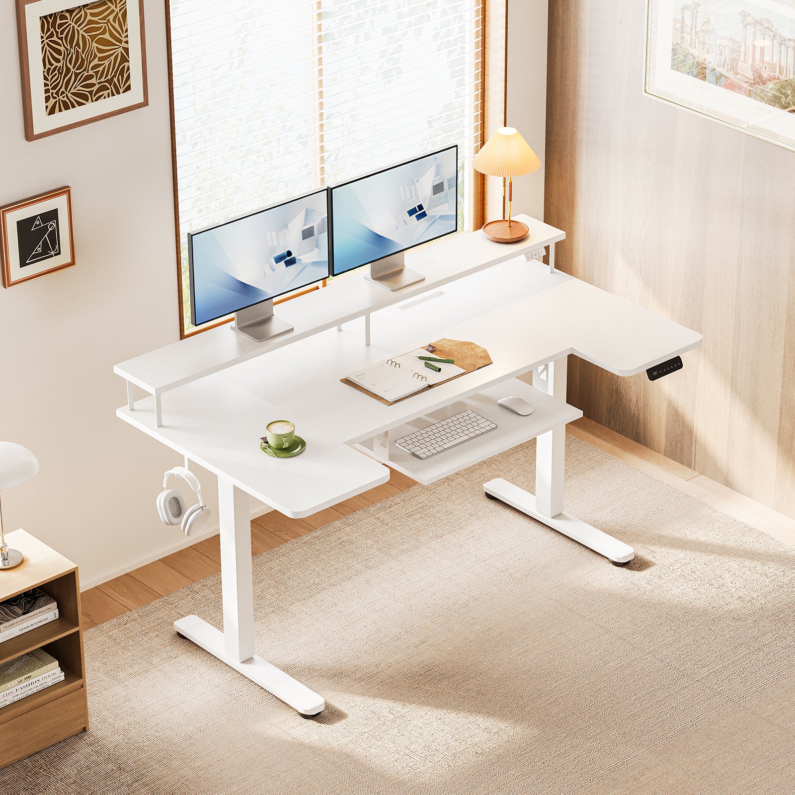 This OffiGo U-shaped standing desk integrates a monitor stand, slide-out keyboard tray, and ambient LED lighting to maximize functionality in compact home offices. Designed to optimize limited layouts, it delivers ergonomic support and organized efficiency for long, focused work hours. Ergonomic Standing Desk Brands for Modern Work - Illustrate the section with a relevant product or system image.