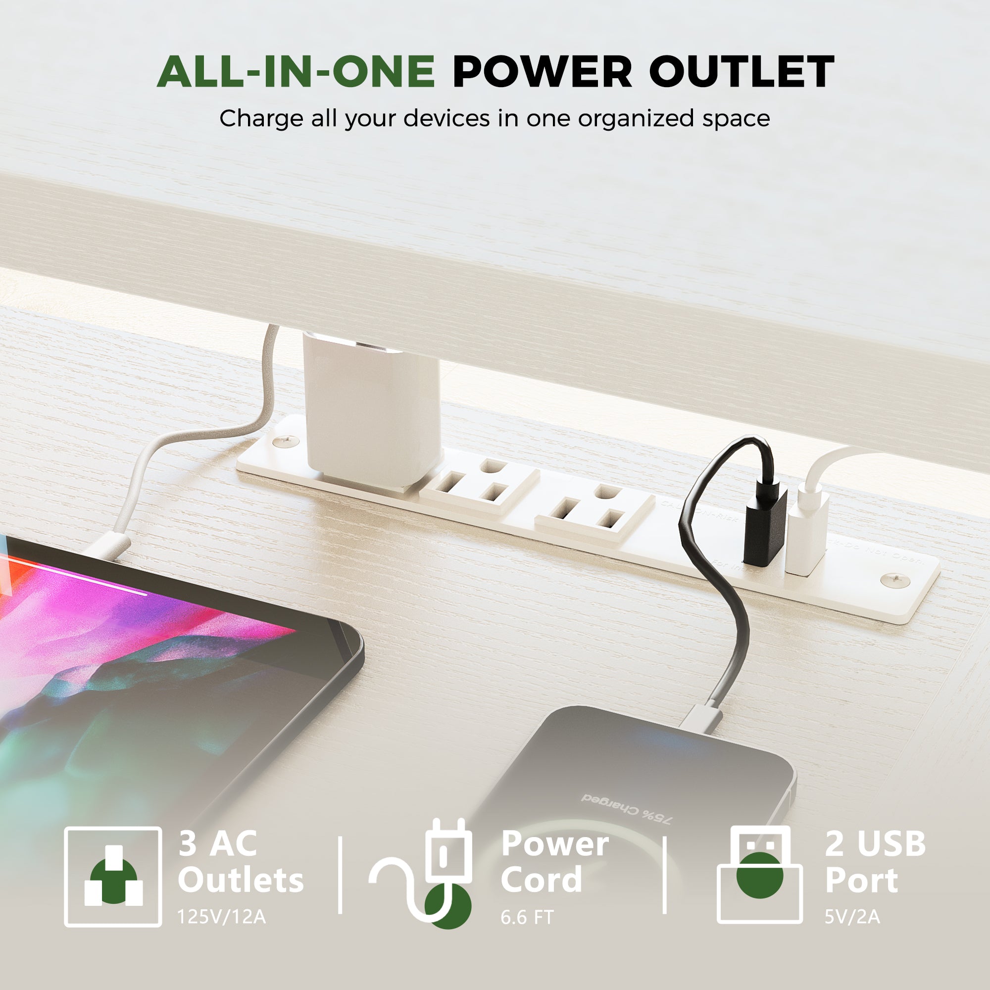 Equipped with 3 AC outlets and 2 USB ports, this stand up desk makes charging devices a breeze. Stay powered up and keep your workspace clutter-free with easy access to multiple charging points.