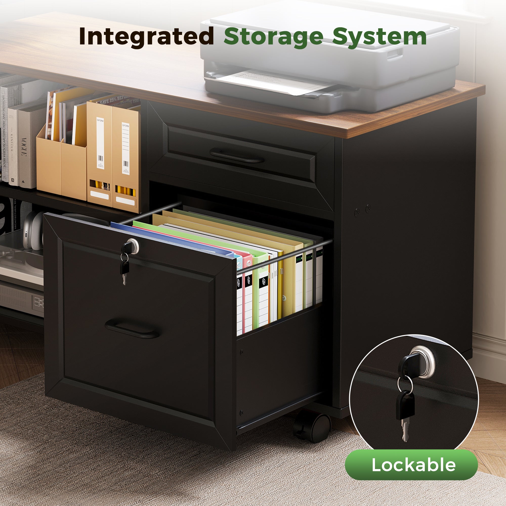 The filing cabinet features dedicated compartments for printers, folders, books, and office supplies. A lockable cabinet design adds an extra layer of privacy and security, keeping important documents and personal items safely stored.