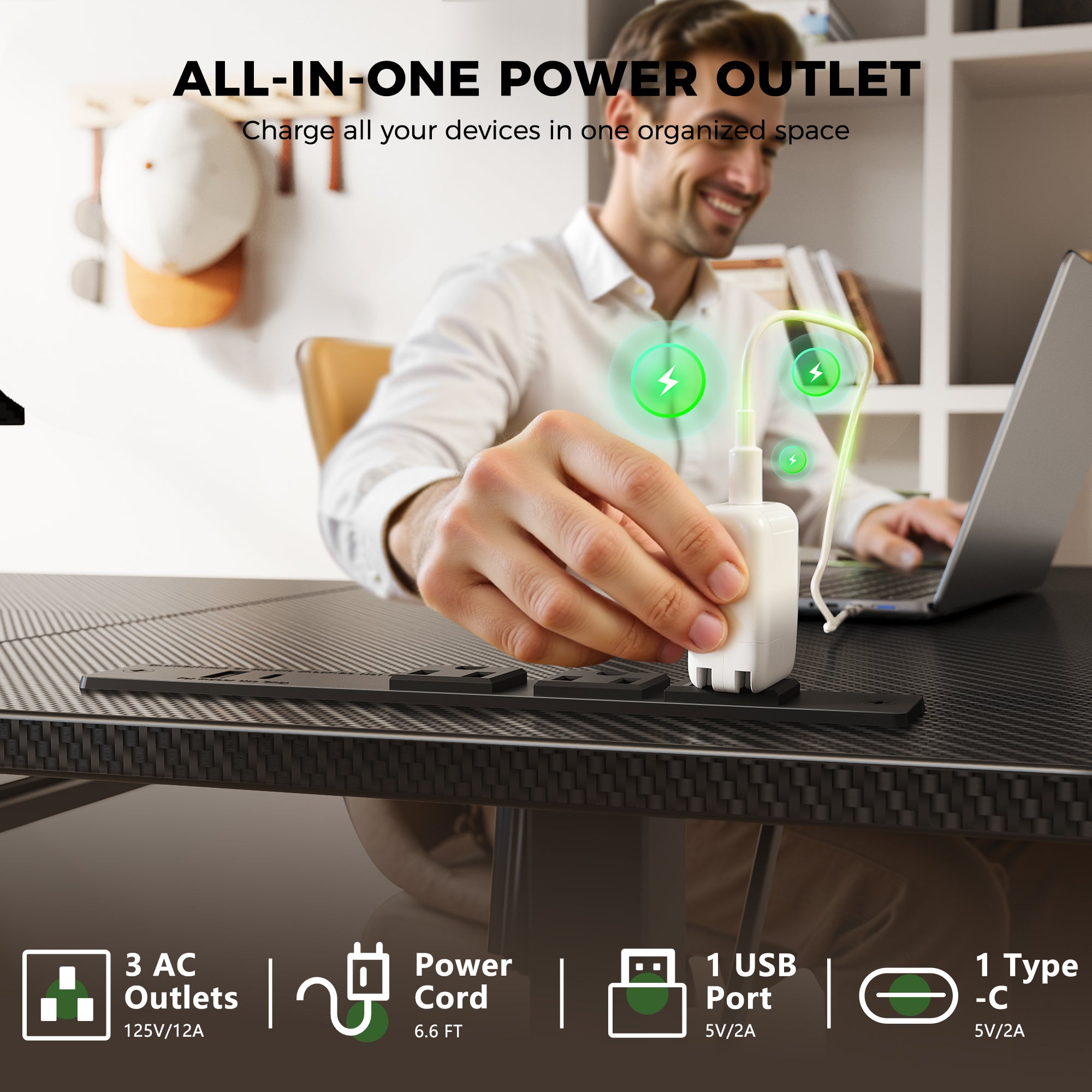 This corner standing desk equipped with 3 AC outlets, 1 USB port, and 1 Type-C port, allowing you to charge multiple devices at the same time. Power your laptop, monitor, phone, and accessories with ease.