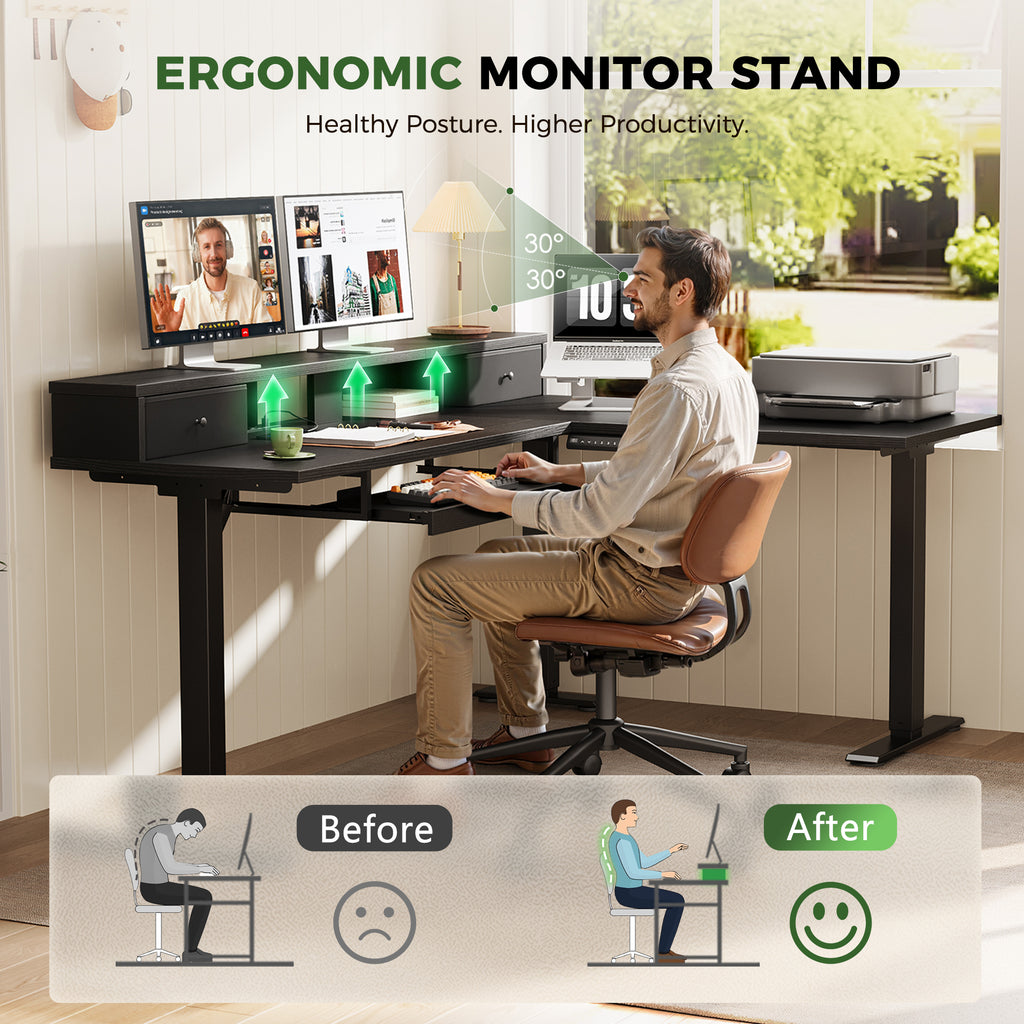 OffiGo 59" L-Shaped Electric Standing Desk with Drawers, Keyboard Tray & Monitor Stand