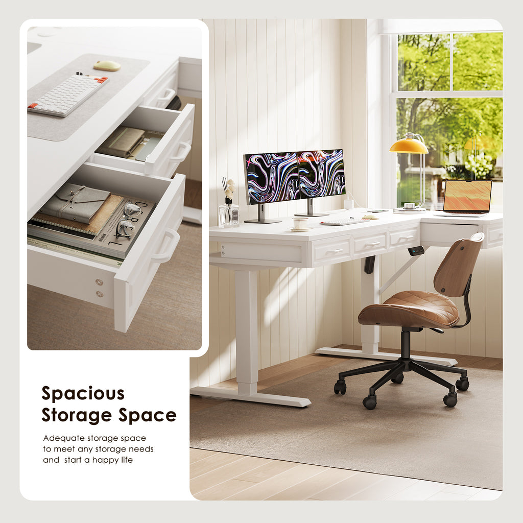 63" L-Shaped Electric Standing Desk with Drawers & Power Outlets