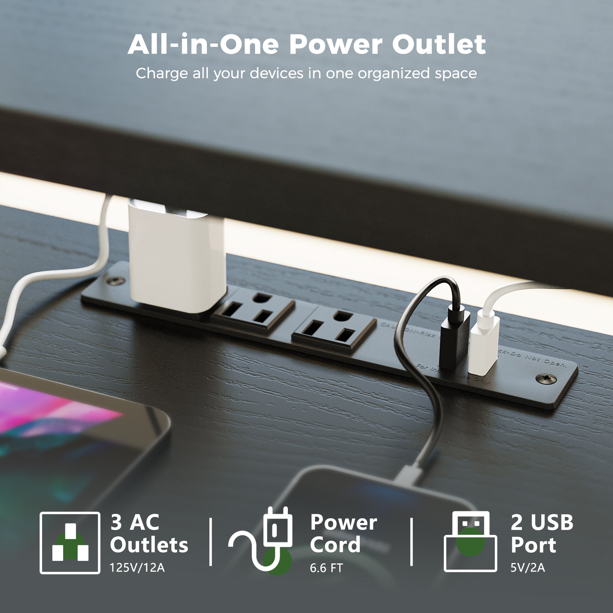Built-in outlets and USB OffiGo all-in-one power outlet