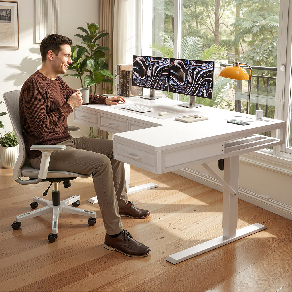 63" L-Shaped Electric Standing Desk with Drawers & Power Outlets