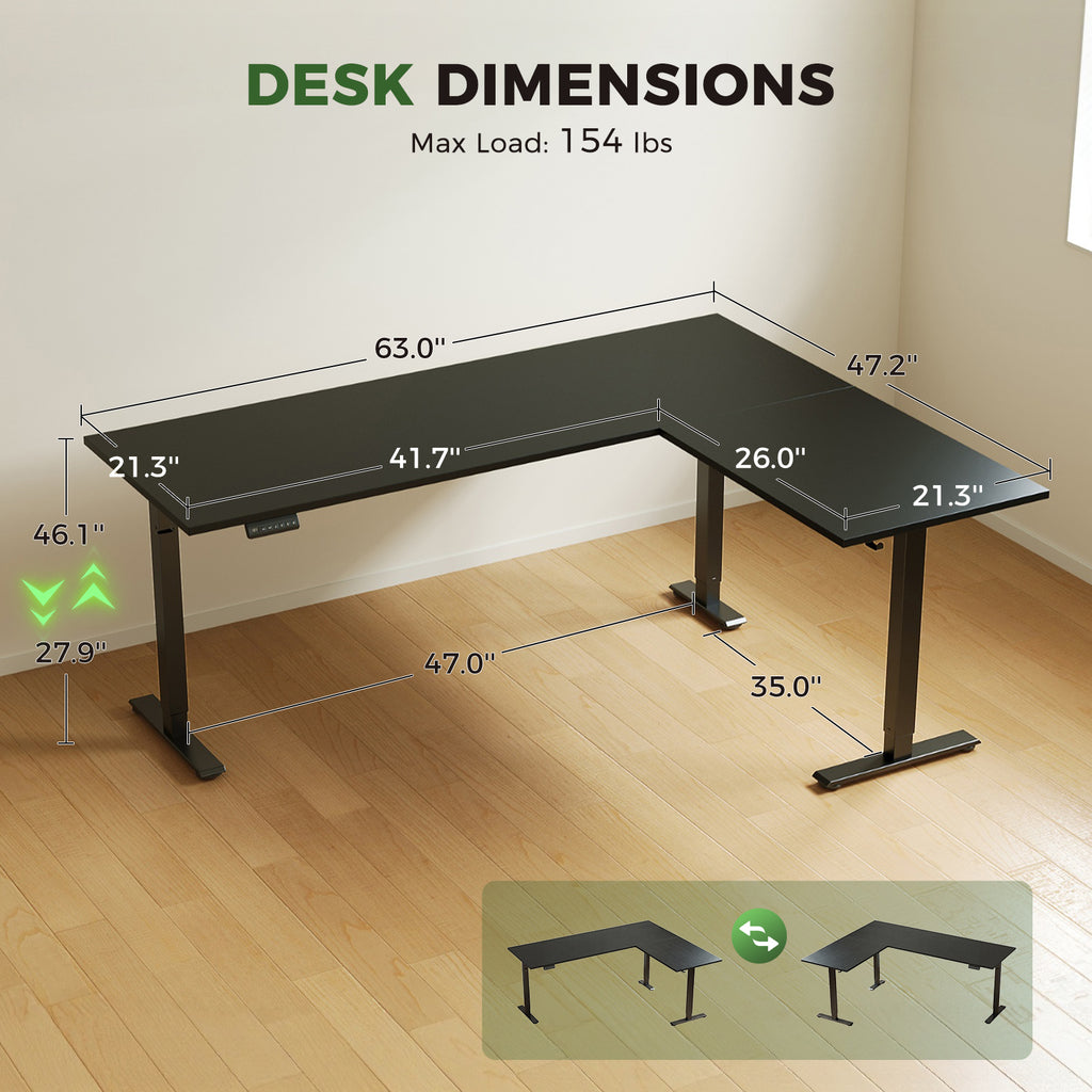 OffiGo 63" L-Shaped Electric Standing Desk with Adjustable Height & Integrated Power