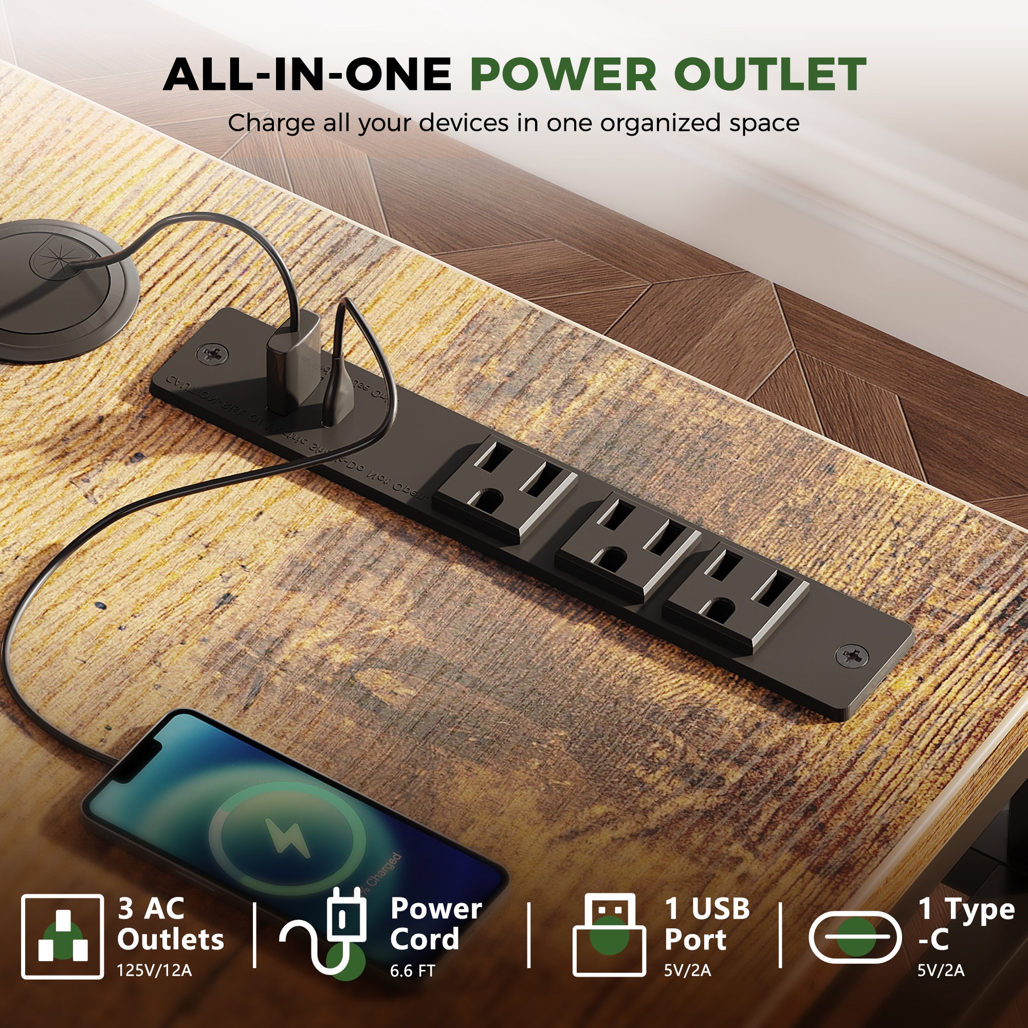 Power integration on the desktop Built-in power strip detail with AC and Type-C