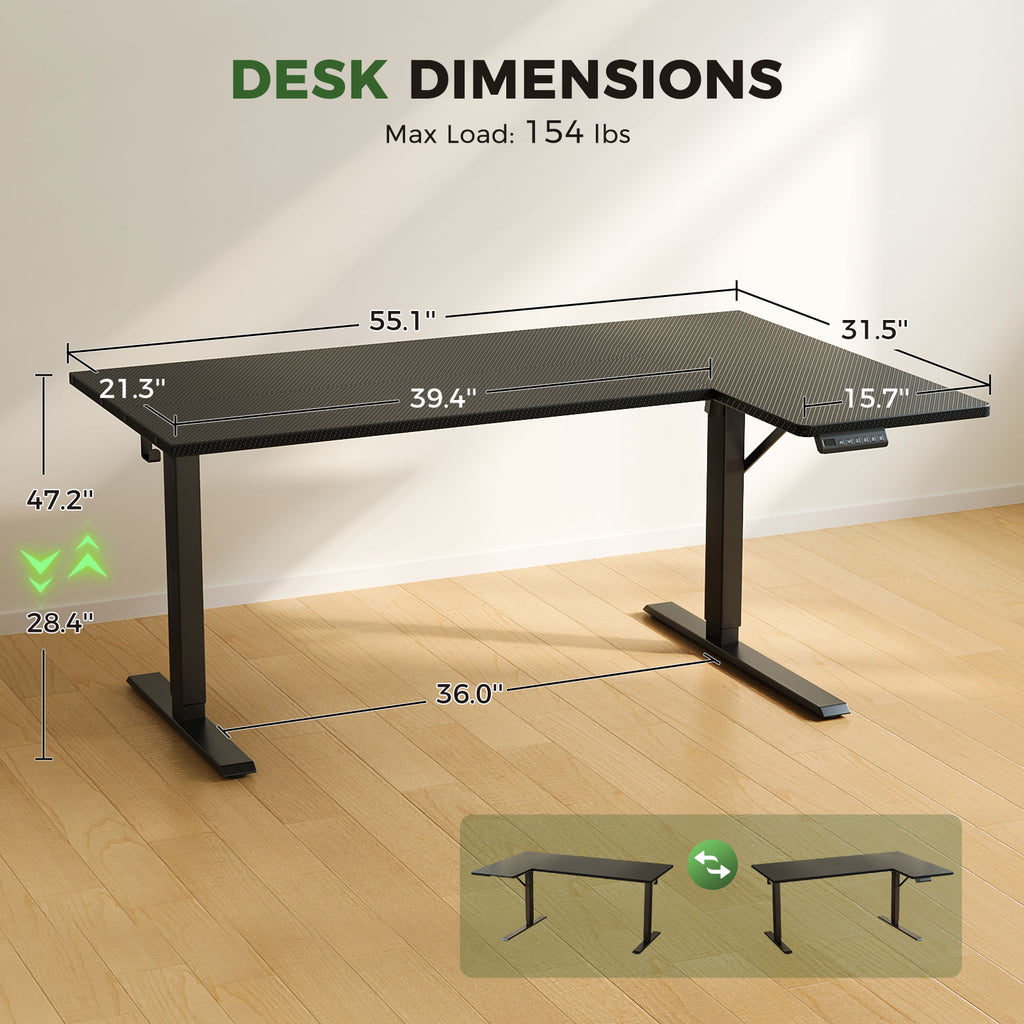 OffiGo 55" L-Shaped Electric Standing Desk with Spacious Work Surface & Adjustable Height