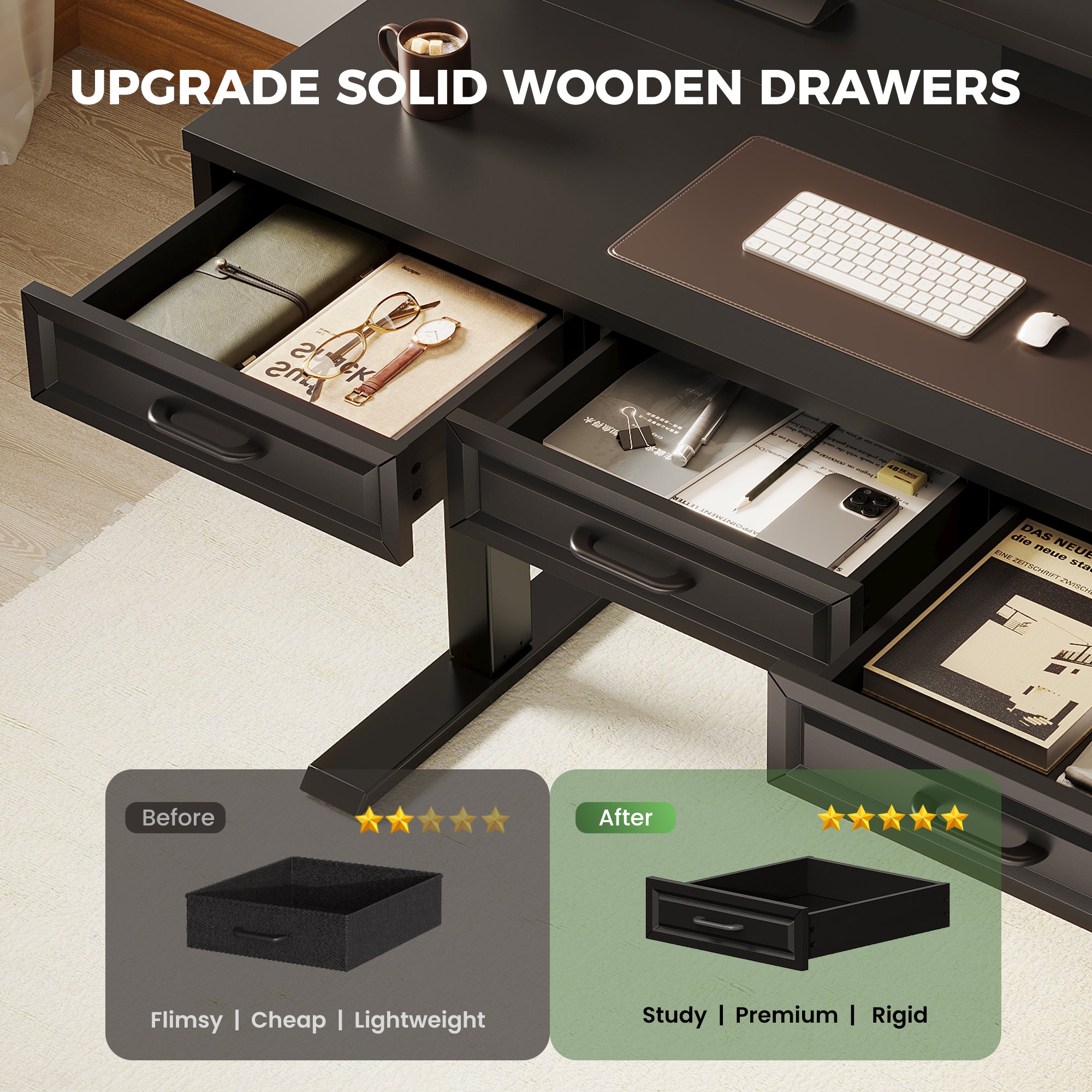 The upgraded wooden drawer combines a modern look with practical storage. It provides extra space for office supplies, notebooks, and accessories, helping keep your desktop clean while enhancing the desk’s overall aesthetic.