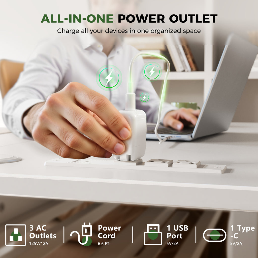 Featuring 3 AC outlets and 1 USB port and 1 Type C port, this stand up desk makes it easy to charge your electronic devices, keeping all your gadgets powered up and within reach.