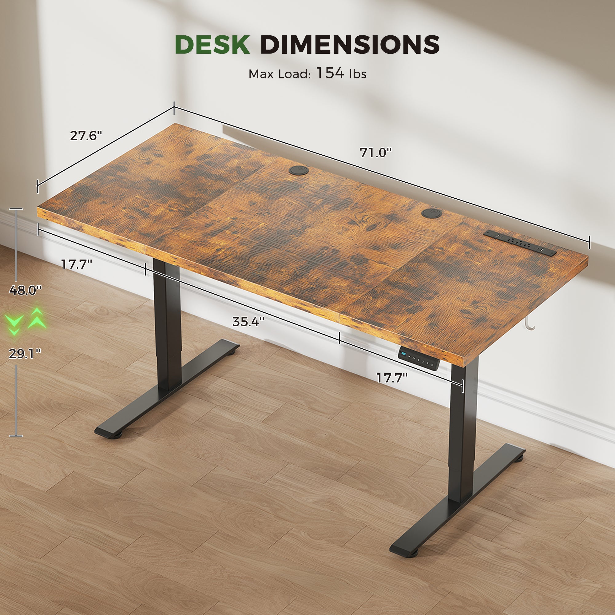 The desktop measures 71 inches in length and 27.6 inches in width, providing a spacious area to work with multiple devices and materials.