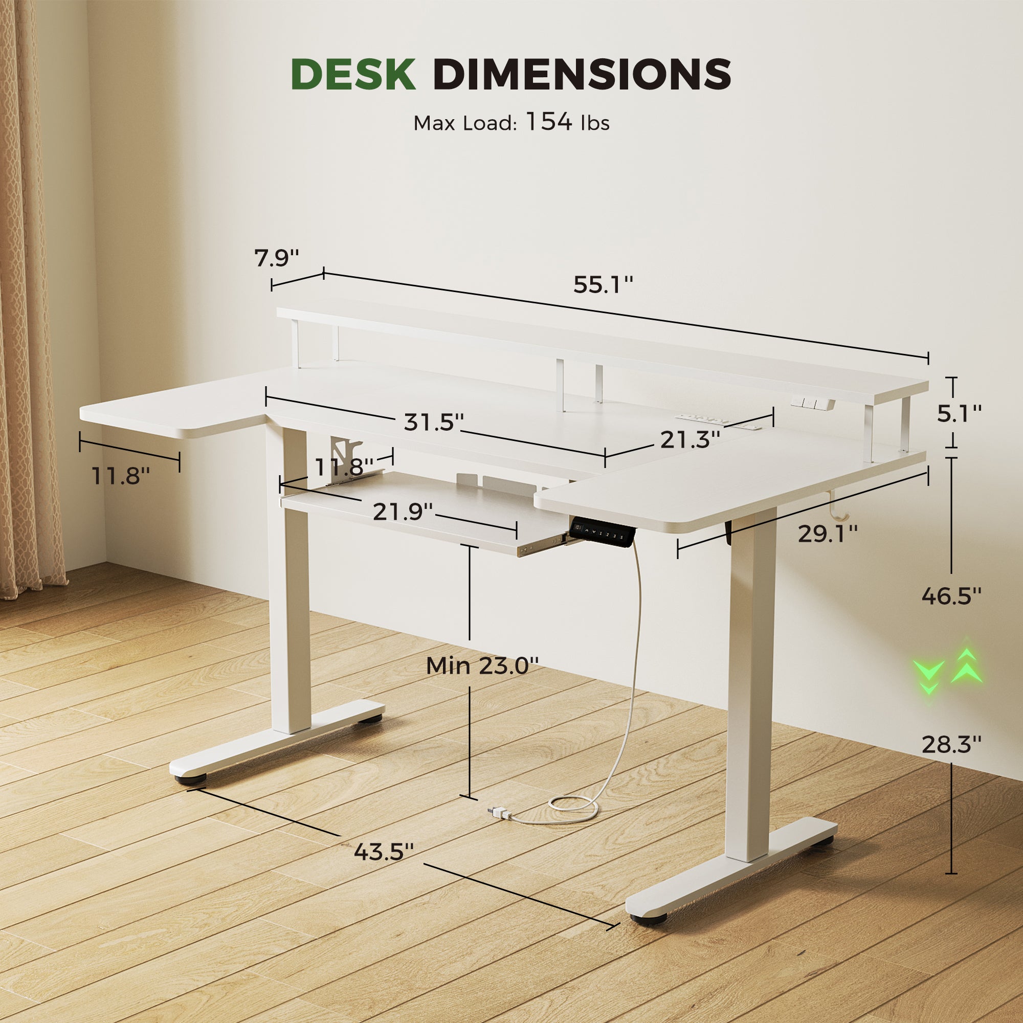 Desk dimensions is 55.1" long, with a U-shaped tabletop measuring 29.1" long. Keyboard tray is 21.9" x 11.8". The distance between the legs is 43.5". Monitor stand dimensions is 7.9" wide, 5.1" high. This spacious setup offers ample room for all your work essentials.