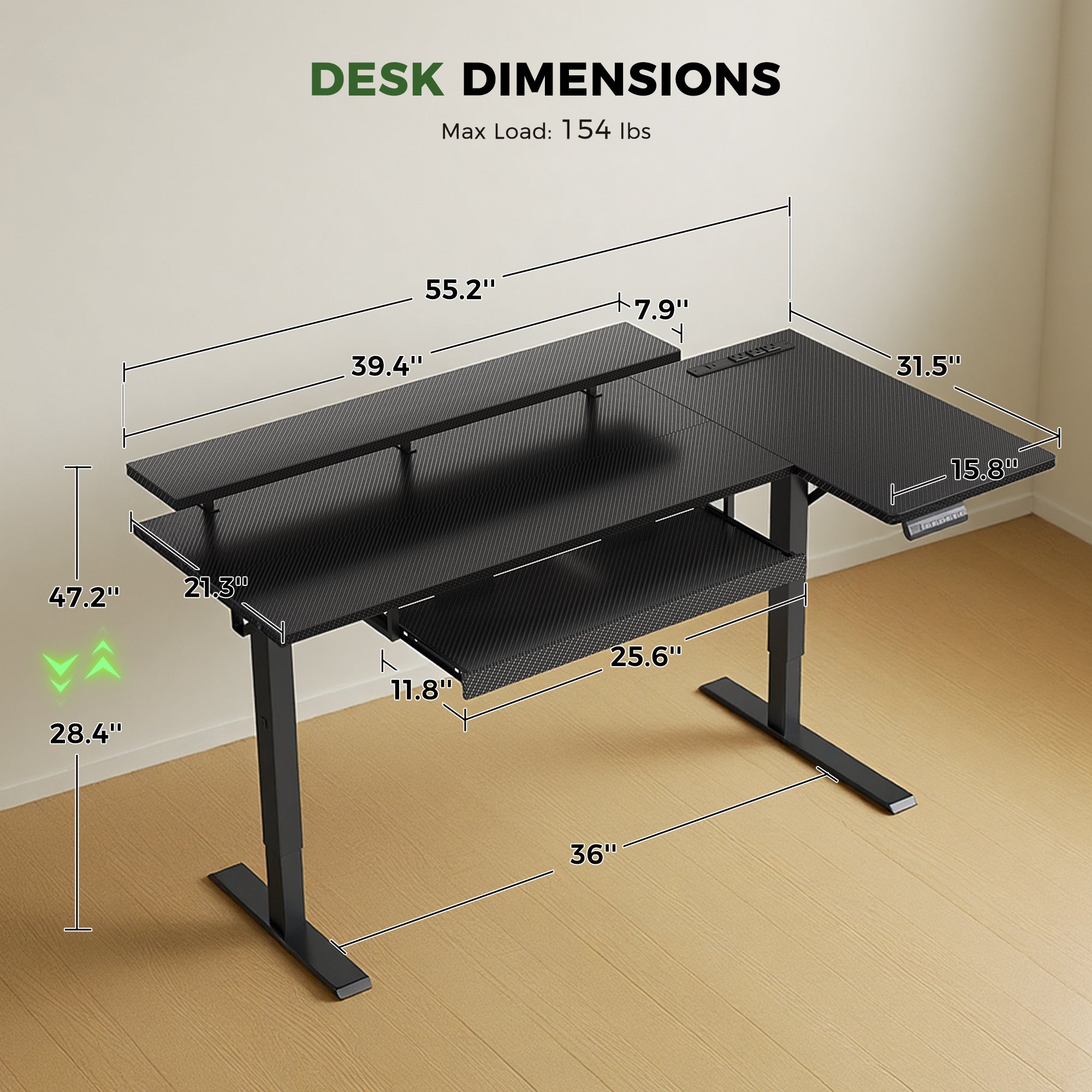 OffiGo 55" L-Shaped Electric Standing Desk with Keyboard Tray & Monitor Shelf